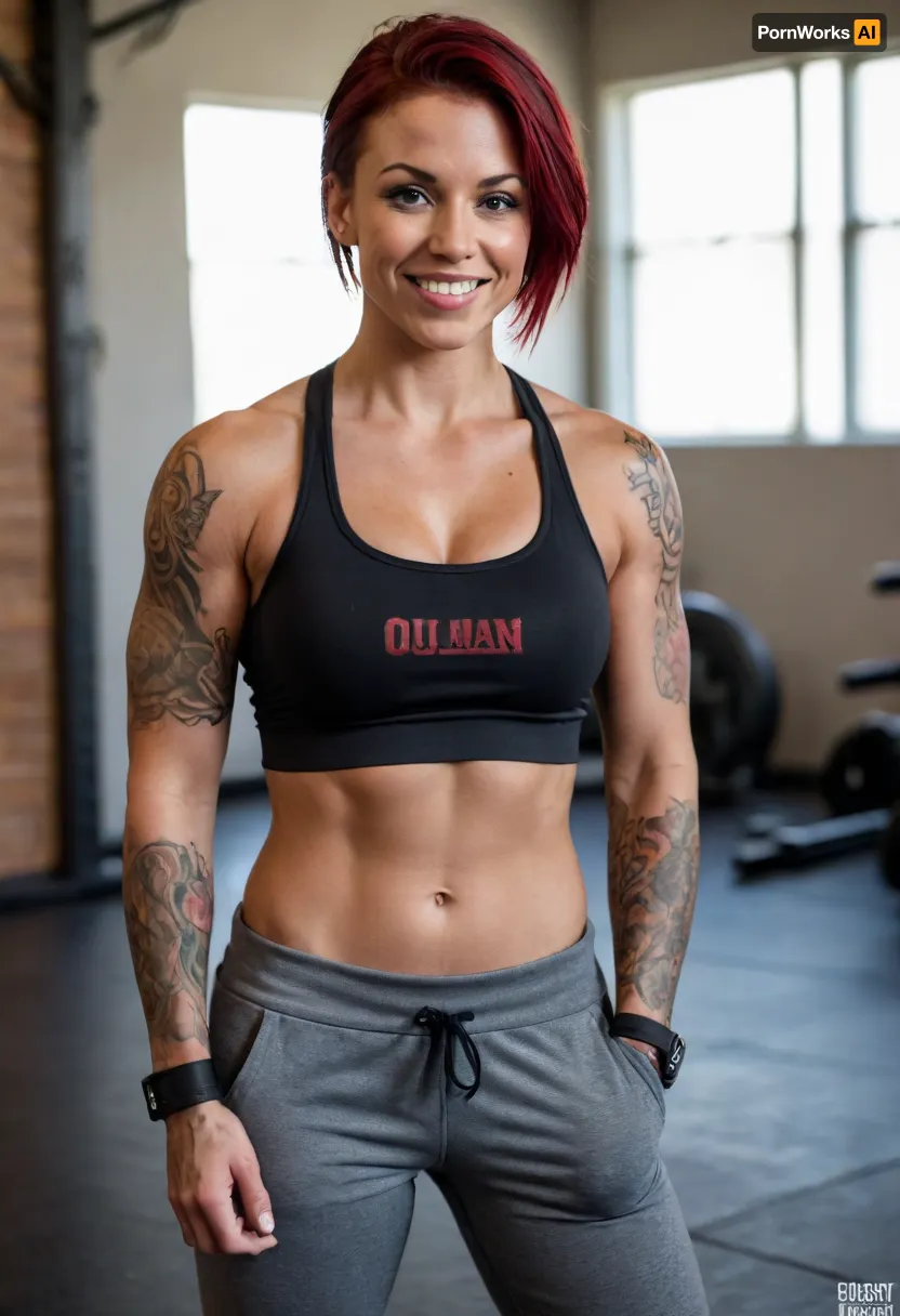 Buff woman, ((muscular)), (toned), (tomboy), busty, large breasts, medium/short straight black/red hair, black sports bra, gray sweatpants, tanned skin, cocky grin, tattooed arms