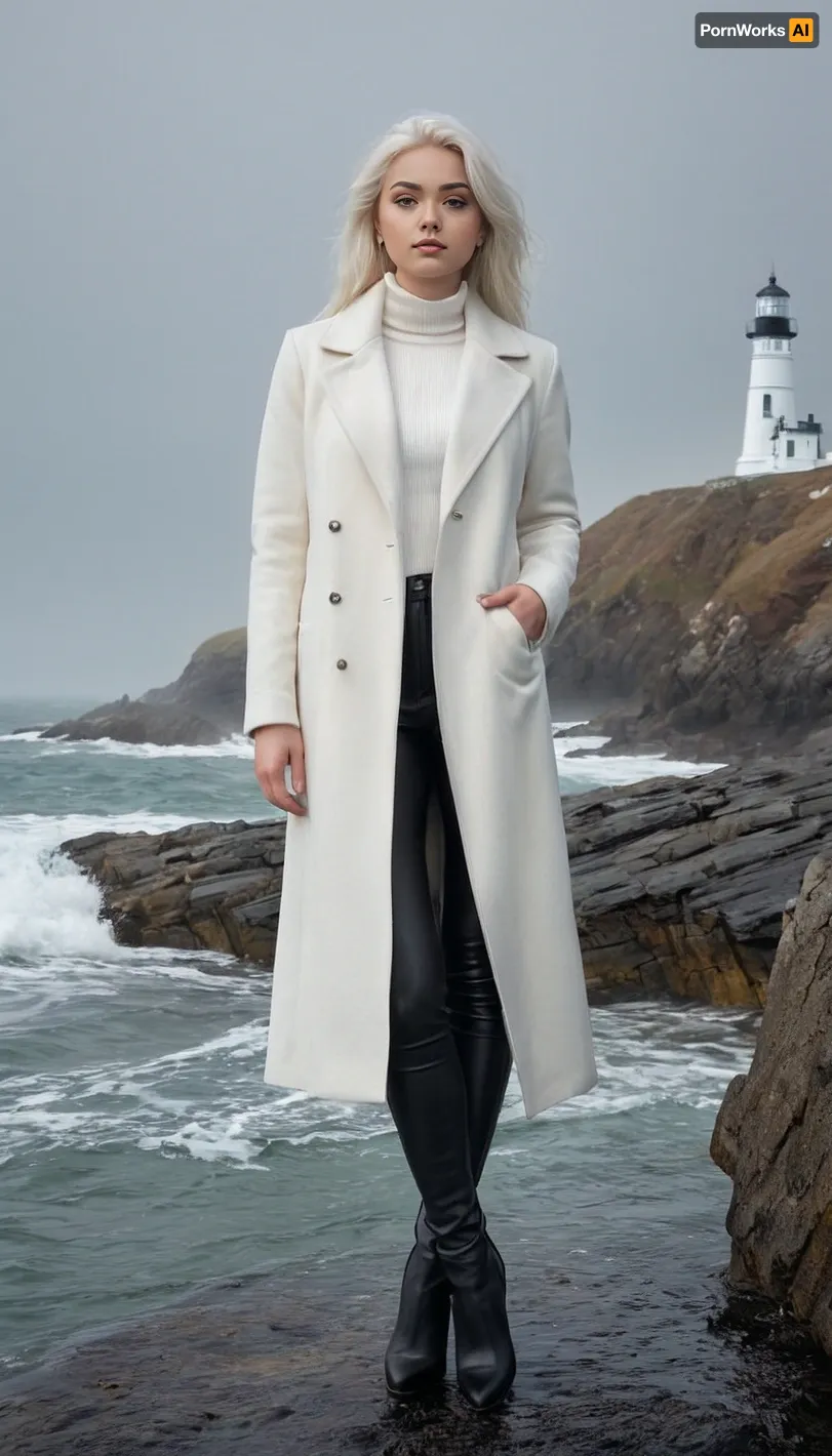 (masterpiece, best quality, highres, photorealistic, ultra detailed), 1girl, 20 year old beautiful young woman, nordic features, tall slender curvy body, large breast, long flowing ash white hair shining in cold light, very pale porcelain skin with subtle cool glow, icy blue eyes with sharp reflections, delicate symmetrical face, small nose, full lips with cold pink matte lipstick, bright makeup with frosty silver eyeshadow and defined lashes, slightly flushed cheeks, elegant confident expression, standing contrapposto on wet black basalt rocks, one leg forward, shoulders relaxed, gaze toward camera, hands in pockets of long fitted white wool coat cinched at waist, under it black turtleneck cashmere sweater, black high waisted trousers shaping hips and legs, black leather ankle boots, minimal silver jewelry, glossy wet rocks underfoot, white lighthouse behind on misty cliff, cold northern sea waves crashing, light fog and sea spray in air, overcast sky, soft diffused natural light, subtle rim light outlining her hair, cinematic composition, HDR, ultra sharp focus, shallow depth of field, subtle film grain, realistic depth, <lora:add-detail-xl:.75>, <lora:PerfectEyesXL:1>, <lora:cfg_scale_boost:.6>