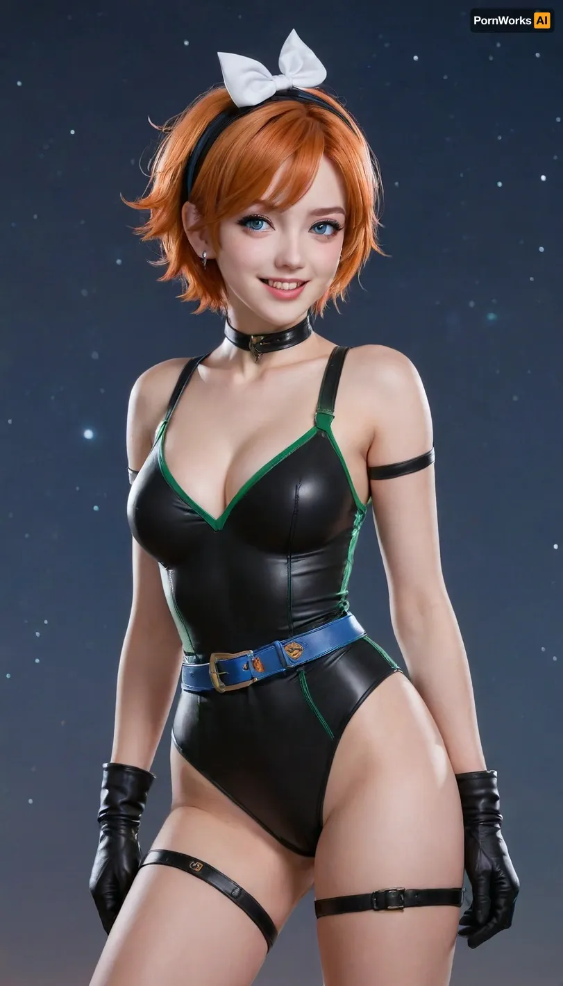 score_9, score_8_up, score_7_up, 1girl, dynamic pose, cowboy shot, smile, open mouth, looking at viewer, standing, detailed background, LindaXL, orange hair, short hair, blue eyes, hairband, earrings, lipstick, (anime screencap:1.1), flat color, platform strappy high heels, score_6_up, source_anime, solo, bob cut, green and black bodysuit, black gloves, belt, thigh boots, profile, night sky