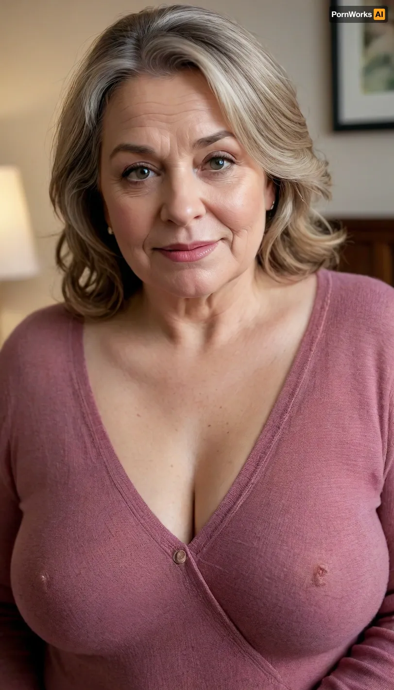 An ultra realistic portrait photo of a fat older woman wearing a loose v-neck sweater standing in a modern bedroom, light brunette, bbw, round face, sexy mouth, big lips, sexy lips, looking at viewer, smiling, flirting, (expressive eyes, striking eyes, captivating eyes, mesmerizing eyes, light eyes), (sexy eyes, detailed skin texture, skin imperfections), (age-appropriate skin condition, wrinkles, wrinkled skin, wrinkled face), saggy, large breasts, <lora:epiCRealismXL-KiSSEnhancer_Lora:.8>