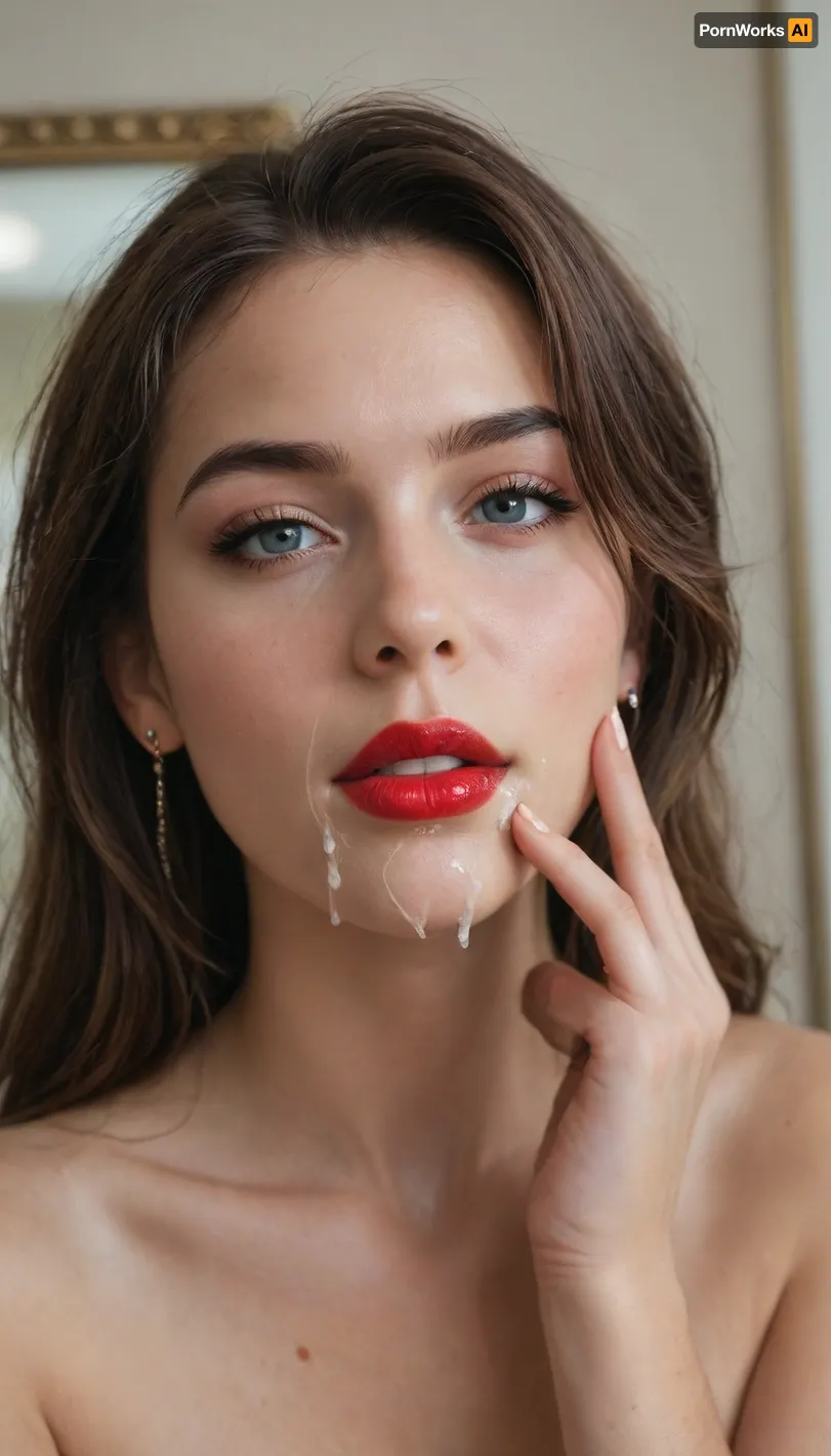 Slutwife, slut, cumslut, applying lipstick to her lips, red lipstick, in front of the mirror, cum dripping from her face