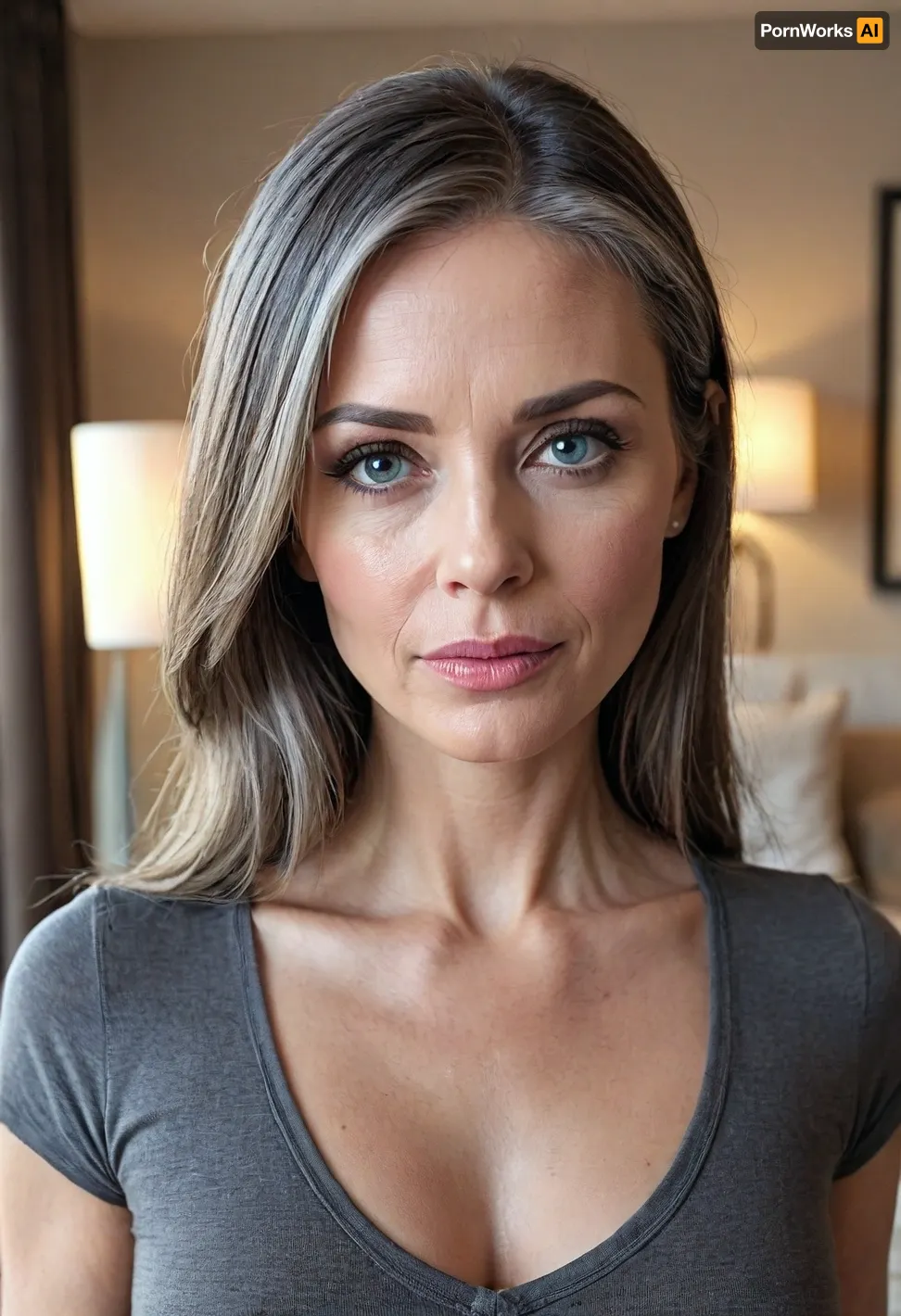 An aged 65 year old woman posing with long light black hair with steaks of grey, the hair is medium-length, (very straight), and neatly parted in the center with strands of hair framing her face.
She has blue eyes that are deep-set, the eyes are medium in size and thin, and appear to have a neutral or contemplative expression. Her eyebrows are very light blonde in colour, they are thin, and follow a slightly curved shape.
Her aging face is elongated and slightly angular, with a defined but softer jawline. Her nose is straight and proportionate, with a slightly rounded tip.
Her cheeks are gently contoured with a slight hollowness that accentuates the structure of the face.
Her jawline is well-defined but softened by age, tapering into a slightly pointed chin.
Her lips are very thin, and neutral in expression, with no visible smile.
Her neck shows visible lines and natural aging.
Her skin is fair and shows natural signs of aging, including fine lines and wrinkles around the eyes, wrinkes on forehead, and wrinkes around the mouth area.
She has size 34b breasts.
She is standing fully naked in full view of the camera.