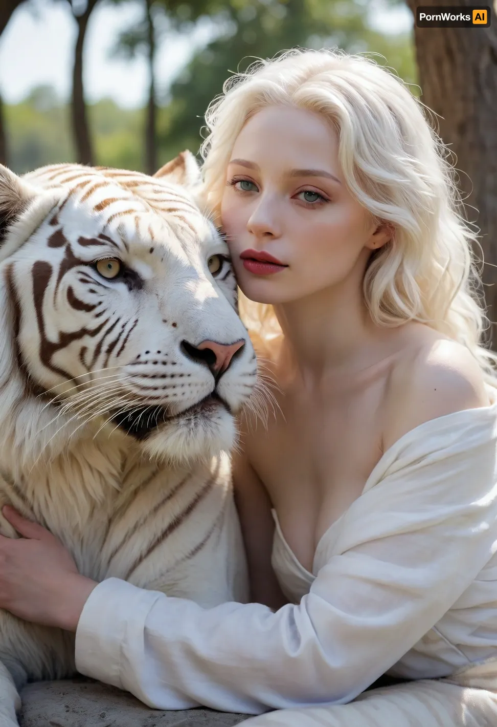 Cinematic masterpiece, the best quality, ultra details without noise, photographic realism, full body lateral plani, bolimetric light, beautiful albino muse with intense white hair in the wind, seductive angelic face, bitten lip, professional hugging an albino tiger, great depth of field, luxury 8k colors