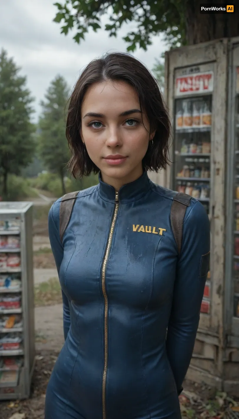 masterpiece, best quality, 1girl, solo, dark-skinned female, short hair, black hair, blue jumpsuit, long sleeves, leather, (vault suit), (fallout), (series), outdoors, (vending machine), perspective, foreshortening, blue eyes, white pupils, cloudy sky, tree, looking at viewer, (rain), nature, scenery, wet, wet hair, arm behind back, closed mouth, smile