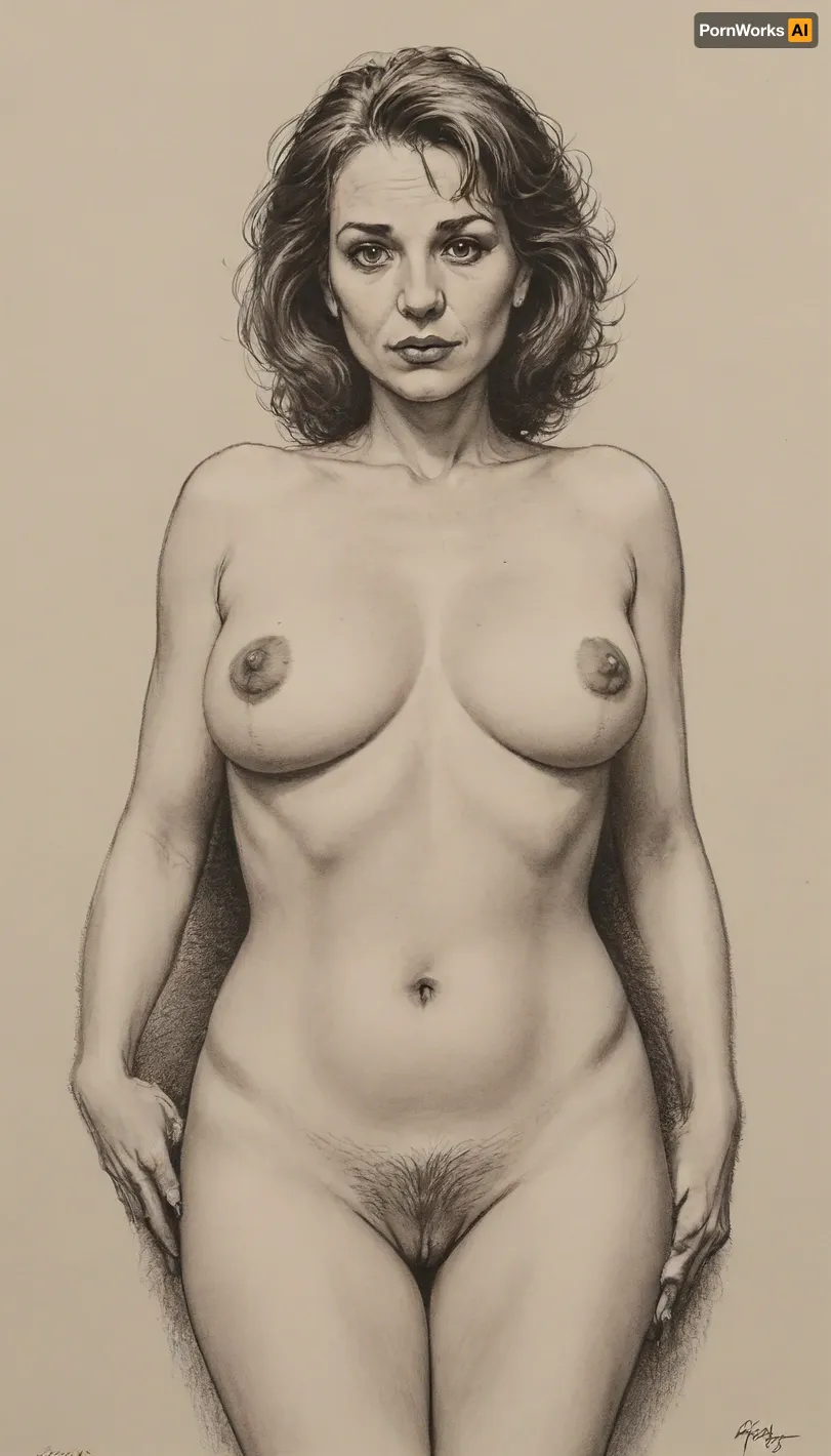 Masterpiece, score_9, score_8_up, score_7_up, joan, A detailed black and white pencil drawing with clean lines and meticulous shading, sketch of a nude 55 yo mature woman with very long hair pulled into a bun on top of her head, (she is spreading legs to show open hairy pussy:1.6), spread legs, spread wet pussy, view of the mountains and forest, soft features, and a serene expression. She is hanging her breasts with both hands, her trimmed, hairy pussy in full view. The drawing should have delicate shading and intricate details, capturing the essence of the subject with fine pencil strokes, background is be simple, allowing the focus to remain on the portrait itself, drawing, by, NTY, v0ng44g, sk3tch, sexy, 34d tits, sagging tits, flat empty breasts, large dark areolas, thick waist, wide hips, big ass, fat thighs, extensive hairy pussy, (chubby:1.4), (belly folds:1.2), (mature face:1.8), 55 year-old mature milf, <lora:sketch_it:1.6>, <lora:vor_enki.sdxl.lora.v5:1.4>
