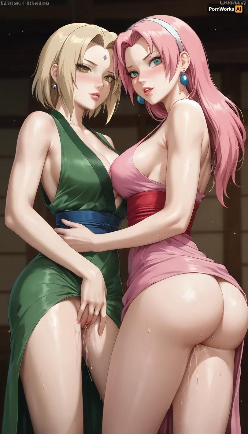 Naruto characters, (2girls), (Senju Tsunade and Haruno Sakura), (Senju Tsunade, big ass, big boobs, long hair, blond hair, green eyes, green dress), (Haruno Sakura, slim ass, small boobs, short hair, green eyes, pink hair, pink dress), lesbian sex, masturbate, pussy, pussy juice, (medium), Inuyasha style, lum, <lora:Takahashi Rumiko_XL:2>