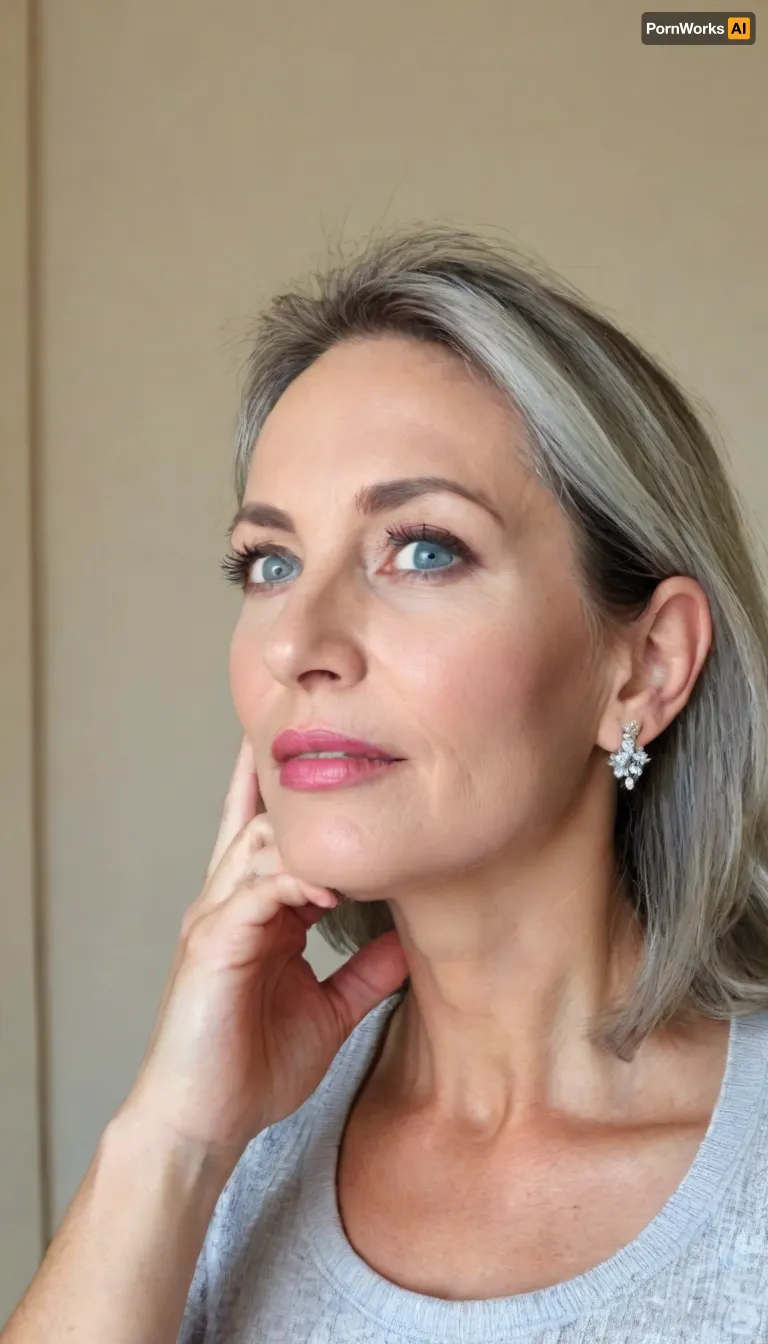 (mature, milf:1.5), An aged 65 year old woman posing with long light black hair with steaks of grey, the hair is medium-length, (very straight), and neatly parted in the center with strands of hair framing her face.
She has blue eyes that are deep-set, the eyes are medium in size and thin, and appear to have a neutral or contemplative expression. Her eyebrows are very light blonde in colour, they are thin, and follow a slightly curved shape.
Her aging face is elongated and slightly angular, with a defined but softer jawline. Her nose is straight and proportionate, with a slightly rounded tip.
Her cheeks are gently contoured with a slight hollowness that accentuates the structure of the face.
Her jawline is well-defined but softened by age, tapering into a slightly pointed chin.
Her lips are very thin, and neutral in expression, with no visible smile.
Her neck shows visible lines and natural aging.
Her skin is fair and shows natural signs of aging, including fine lines and wrinkles around the eyes, wrinkes on forehead, and wrinkes around the mouth area.
She has size 34b breasts.
She is standing fully naked in full view of the camera., puffy, nipples, dark, ghost, wide, <lora:Nipples XL:.8>