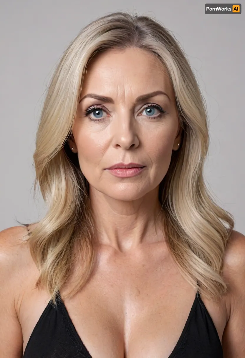 (mature, milf:1.5), An aged 65 year old woman posing with long light blonde hair with steaks of grey, the hair is medium-length, (very straight), and neatly parted in the center with strands of hair framing her face.
She has blue eyes that are deep-set, the eyes are medium in size and thin, and appear to have a neutral or contemplative expression. Her eyebrows are very light blonde in colour, they are thin, and follow a slightly curved shape.
Her aging face is elongated and slightly angular, with a defined but softer jawline. Her nose is straight and proportionate, with a slightly rounded tip.
Her cheeks are gently contoured with a slight hollowness that accentuates the structure of the face.
Her jawline is well-defined but softened by age, tapering into a slightly pointed chin.
Her lips are very thin, and neutral in expression, with no visible smile.
Her neck shows visible lines and natural aging.
Her skin is fair and shows natural signs of aging, including fine lines and wrinkles around the eyes, wrinkes on forehead, and wrinkes around the mouth area.
She has size 34b breasts.
She is standing fully naked in full view of the camera., puffy, nipples, dark, ghost, wide