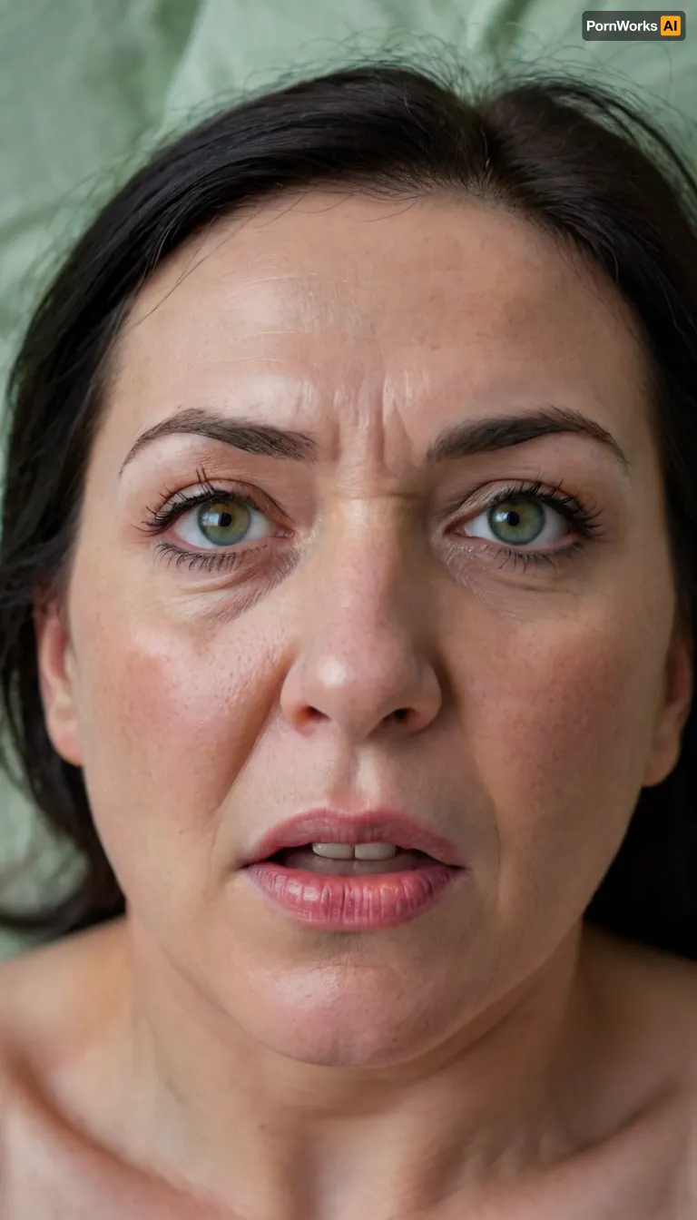 POV, (close-up:1.4), furrowed brow, looking at viewer, ((face focus)), RAW photo, subject, (high detailed skin:1.1), 8k uhd, soft lighting, high quality, film grain, Fujifilm XT3, 50 years nude old woman, ((her head is thrown back on the pillow)), milf, fair skin, ((angry:1.3)), lying down on her back, facing up, shot from above, aerial view, (orgasm), (open mouth), furrowed portrait, (makeup:1.2), ((black hair)), ((detailed face:1.2)), HD, full lips, extreme mouth detail, ultra realistic freckles, detailed skin, realistic skin, High Res, 4k, ultra-detailed, masterpiece, ultra high res, dslr, detailed skin texture masterpiece, Ultra realistic, natural skin tone, high definition, ((painful expression:1.3)), green, eyes, blue, perfecteyes, <lora:PerfectEyesXL:.8>