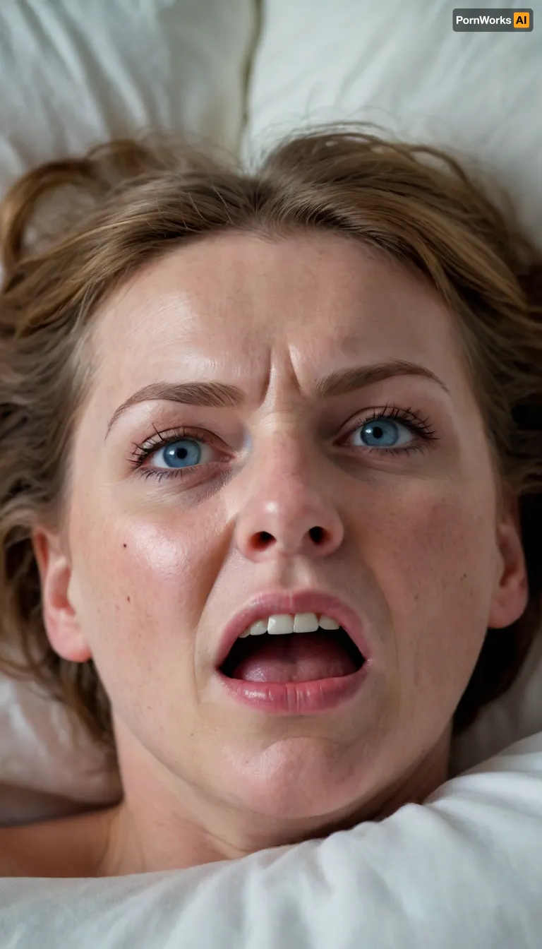 POV, (close-up:1.4), furrowed brow, looking at viewer, ((face focus)), RAW photo, subject, (high detailed skin:1.1), 8k uhd, soft lighting, high quality, film grain, Fujifilm XT3, 50 years nude old woman, ((her head is thrown back on the pillow)), milf, fair skin, ((angry:1.3)), lying down on her back, facing up, shot from above, aerial view, (orgasm), (open mouth), furrowed portrait, (sexy lips:1.2), ((light brown hair)), thick eyebrows, ((detailed face:1.2)), HD, full lips, extreme mouth detail, ultra realistic freckles, detailed skin, realistic skin, High Res, 4k, ultra-detailed, masterpiece, ultra high res, dslr, detailed skin texture masterpiece, Ultra realistic, natural skin tone, high definition, ((painful expression:1.3)), captivating blue eyes