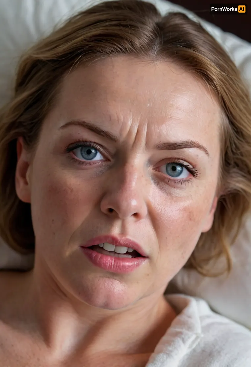 POV, (close-up:1.4), furrowed brow, looking at viewer, ((face focus)), RAW photo, subject, (high detailed skin:1.1), 8k uhd, soft lighting, high quality, film grain, Fujifilm XT3, 50 years nude old woman, ((her head is thrown back on the pillow)), milf, tan skin, ((angry:1.3)), lying down on her back, facing up, shot from above, aerial view, (orgasm), (open mouth), furrowed portrait, (sexy lips:1.2), ((light brown hair)), thick eyebrows, ((detailed face:1.2)), HD, full lips, extreme mouth detail, ultra realistic freckles, detailed skin, realistic skin, High Res, 4k, ultra-detailed, masterpiece, ultra high res, dslr, detailed skin texture masterpiece, Ultra realistic, natural skin tone, high definition, ((painful expression:1.3)), captivating blue eyes