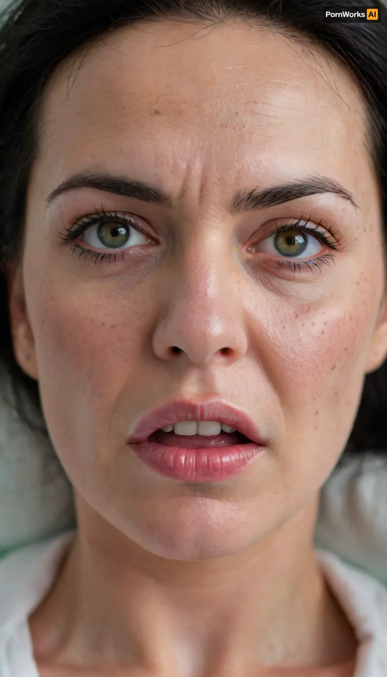 POV, (close-up:1.4), furrowed brow, looking at viewer, ((face focus)), RAW photo, subject, (high detailed skin:1.1), 8k uhd, soft lighting, high quality, film grain, Fujifilm XT3, 50 years nude old woman, ((her head is thrown back on the pillow)), milf, fair skin, ((angry:1.3)), lying down on her back, facing up, shot from above, aerial view, (orgasm), (open mouth), furrowed portrait, (sexy lips:1.2), ((black hair)), thick eyebrows, ((detailed face:1.2)), HD, full lips, extreme mouth detail, ultra realistic freckles, detailed skin, realistic skin, High Res, 4k, ultra-detailed, masterpiece, ultra high res, dslr, detailed skin texture masterpiece, Ultra realistic, natural skin tone, high definition, ((painful expression:1.3)), captivating eyes, striking, green, eyes, blue, perfecteyes, <lora:PerfectEyesXL:.4>