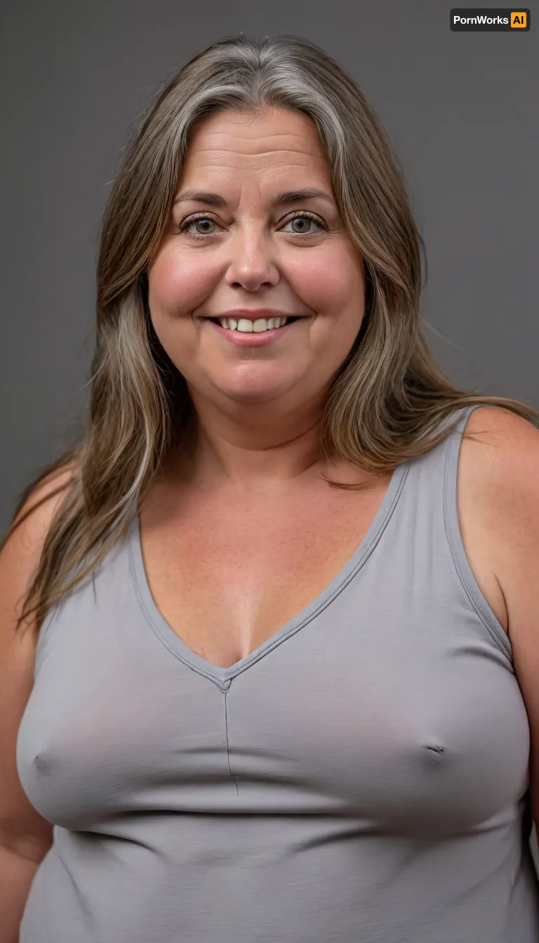 (obese:1.4), beautiful 60 year old woman stood in a, (photography studio:1.6), (perfect studio lighting), (obese:1.5), drooping, saggy, (smile:1.3), (upper body shot), (detailed skin:1.8), (long brown straight hair with gray highlights:1.3), (big eyes:1.3), (detailed eyes), (chubby face:1.3), wearing a lowcut v-neck white sleeveless T-shirt, braless, Wearing, clothes, that, make, sense, with, Braless>, <lora:bralessSDXL_v1_00022:.5>, <lora:MJ52:.2>