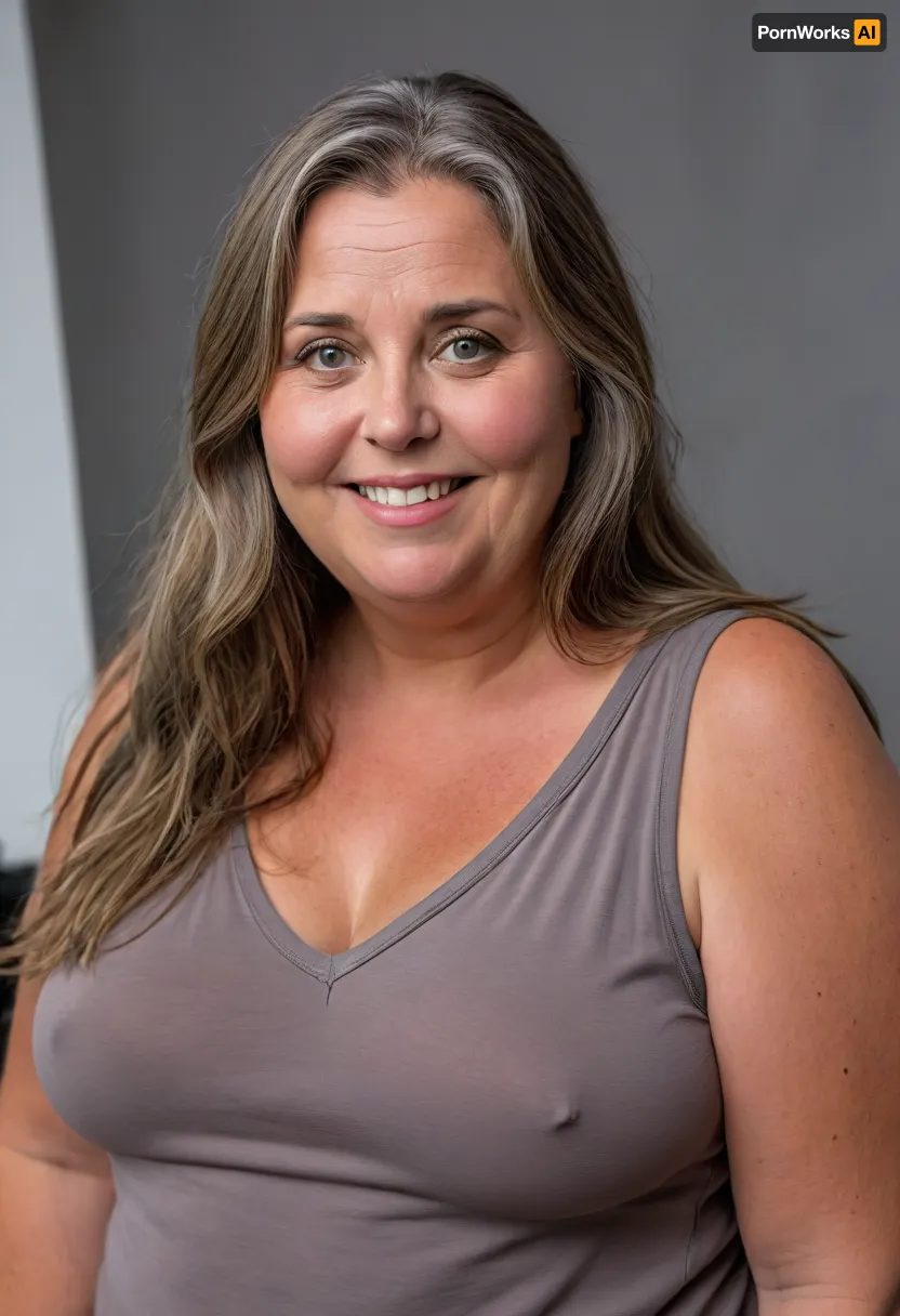 (obese:1.4), beautiful 60 year old woman stood in a, (photography studio:1.6), (perfect studio lighting), (obese:1.5), large breasts, drooping, saggy, (smile:1.3), (upper body shot), (detailed skin:1.8), (long brown straight hair with gray highlights:1.3), (big eyes:1.3), (detailed eyes), (chubby face:1.3), wearing a lowcut v-neck sleeveless T-shirt, braless, Wearing, clothes, that, make, sense, with, Braless>, <lora:bralessSDXL_v1_00022:.5>, <lora:MJ52:.2>