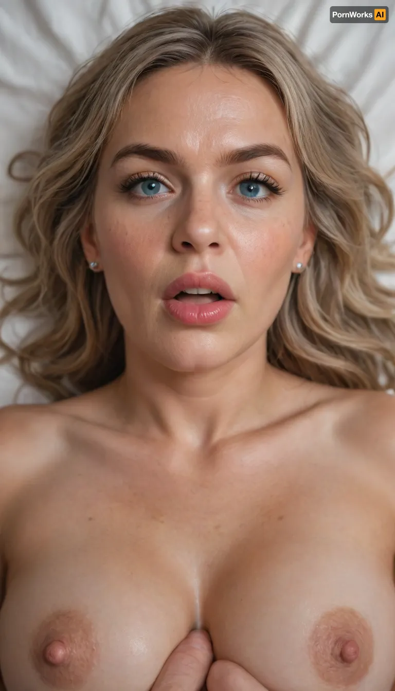 POV, male hands on her breasts, (close-up:1.4), furrowed brow, looking at viewer, (mature:1.5), ((face focus)), RAW photo, subject, (high detailed skin:1.1), 8k uhd, soft lighting, high quality, film grain, Fujifilm XT3, 50 years nude old woman, ((her head is thrown back on the bed)), milf, tan skin, ((angry:1.3)), lying down on her back, facing up, shot from above, aerial view, (orgasm), (open mouth), furrowed portrait, (sexy lips:1.2), ((light brown hair)), thick eyebrows, ((detailed face:1.2)), HD, full lips, extreme mouth detail, ultra realistic freckles, detailed skin, realistic skin, High Res, 4k, ultra-detailed, masterpiece, ultra high res, dslr, detailed skin texture masterpiece, Ultra realistic, natural skin tone, high definition, ((painful expression:1.3)), captivating blue eyes, (big eyes:1.3), (detailed eyes), (chubby face:1.3), soft saggy breasts drooping to her sides