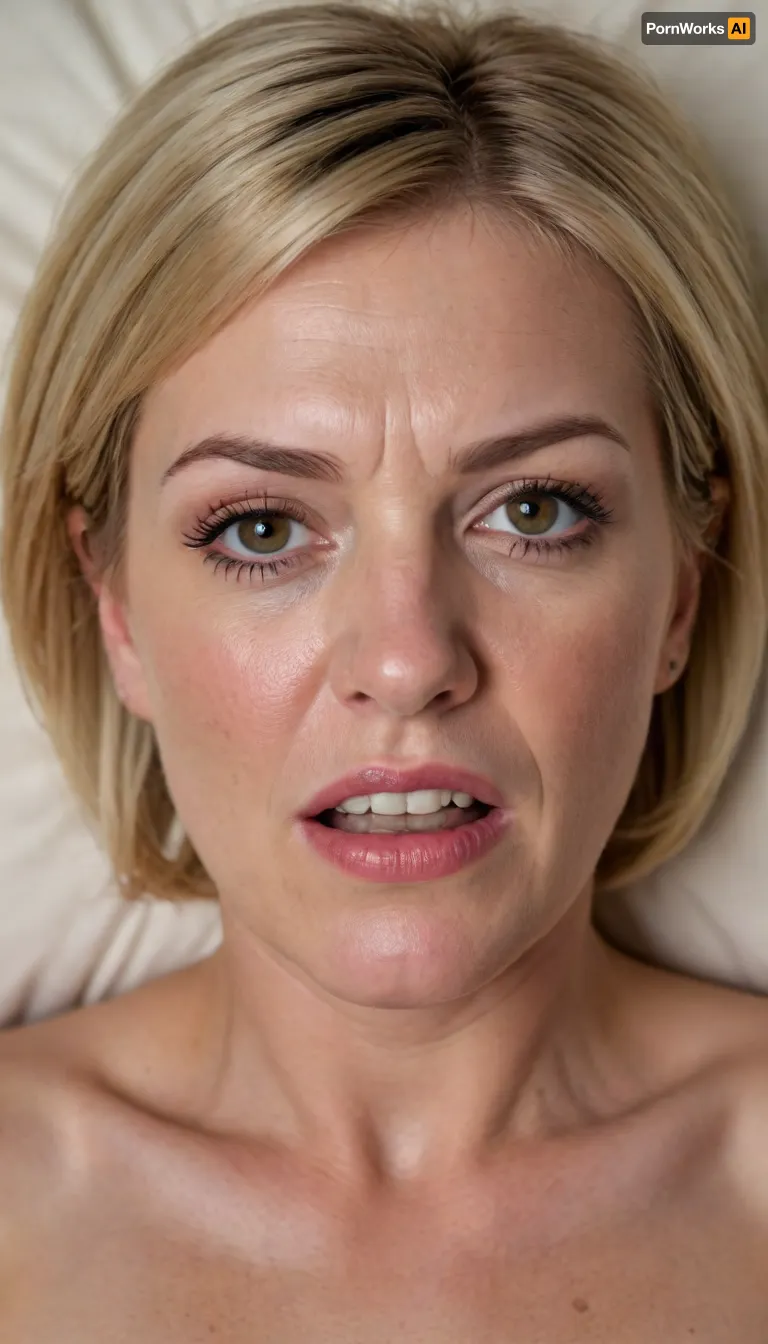 POV, (close-up:1.4), furrowed brow, looking at viewer, ((face focus)), RAW photo, subject, (high detailed skin:1.1), 8k uhd, soft lighting, high quality, film grain, Fujifilm XT3, 50 years nude old woman, ((her head is thrown back on the pillow)), milf, fair skin, ((angry:1.3)), lying down on her back, facing up, shot from above, aerial view, (orgasm), (open mouth), furrowed portrait, (makeup:1.2), ((blonde bob haircut)), ((detailed face:1.2)), HD, full lips, extreme mouth detail, ultra realistic freckles, detailed skin, realistic skin, High Res, 4k, ultra-detailed, masterpiece, ultra high res, dslr, detailed skin texture masterpiece, Ultra realistic, natural skin tone, high definition, ((painful expression:1.3))