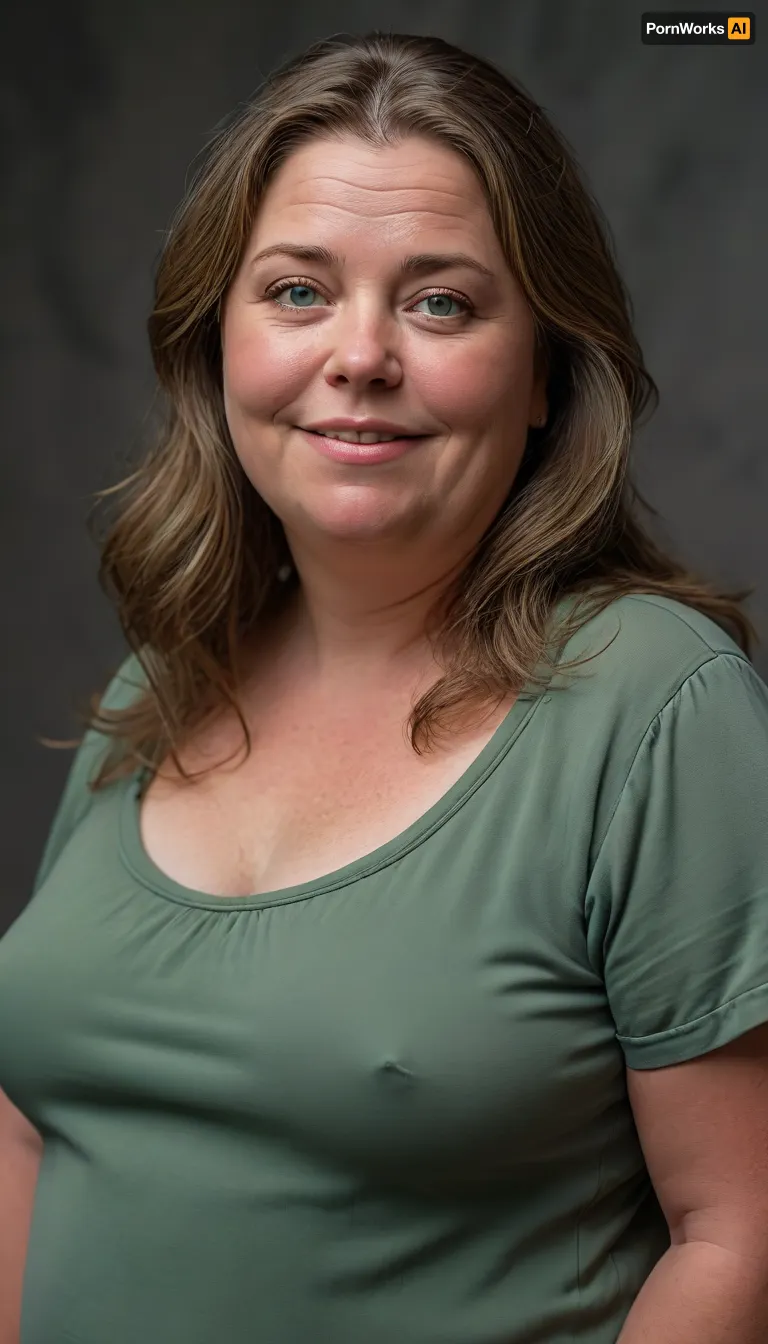 (obese:1.4), beautiful 60 year old woman stood in a, (photography studio:1.6), (perfect studio lighting), (obese:1.5), drooping, saggy, (smile:1.3), (upper body shot), (detailed skin:1.8), (medium brown straight hair with gray highlights:1.3), (big green eyes:1.3), (detailed eyes), (chubby face:1.3), wearing a silk chamois, braless, Wearing, clothes, that, make, sense, with, Braless>, HD, full lips, extreme mouth detail, ultra realistic freckles, detailed skin, realistic skin, High Res, 4k, ultra-detailed, masterpiece, ultra high res, dslr, detailed skin texture masterpiece, Ultra realistic, natural skin tone, high definition, <lora:bralessSDXL_v1_00022:.5>, <lora:MJ52:.2>
