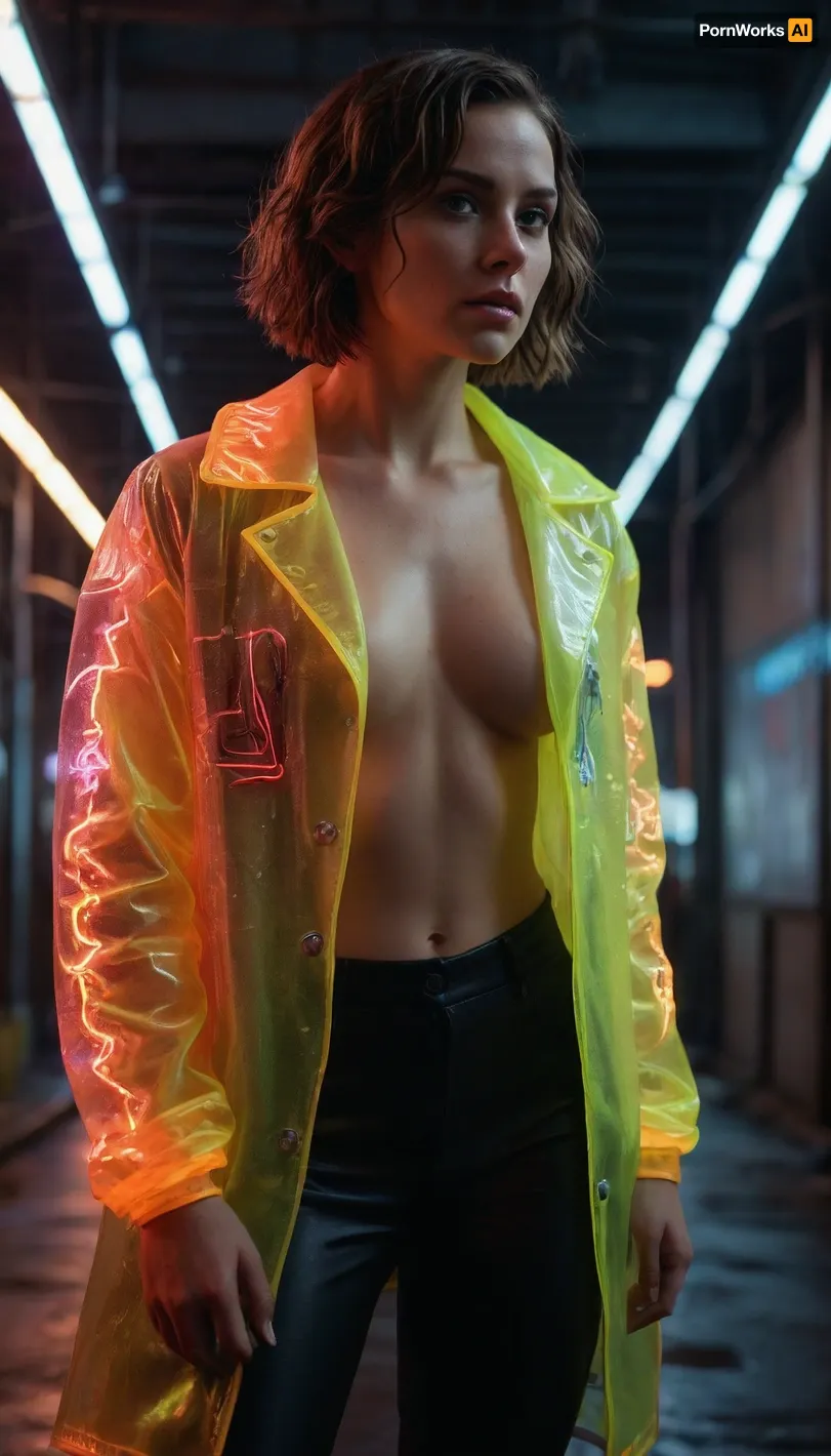 cyberpunk fashion photoshoot, a 35-year-old brunette woman with short wavy hair and a determined expression, standard athletic build, wearing glowing neon circuit embroidery on a transparent PVC coat, perched precariously on a steel beam in a rain-slicked, neon-lit megacity alley, Dutch angle, cinematic, volumetric lighting, hyperrealistic, skin details, 4k