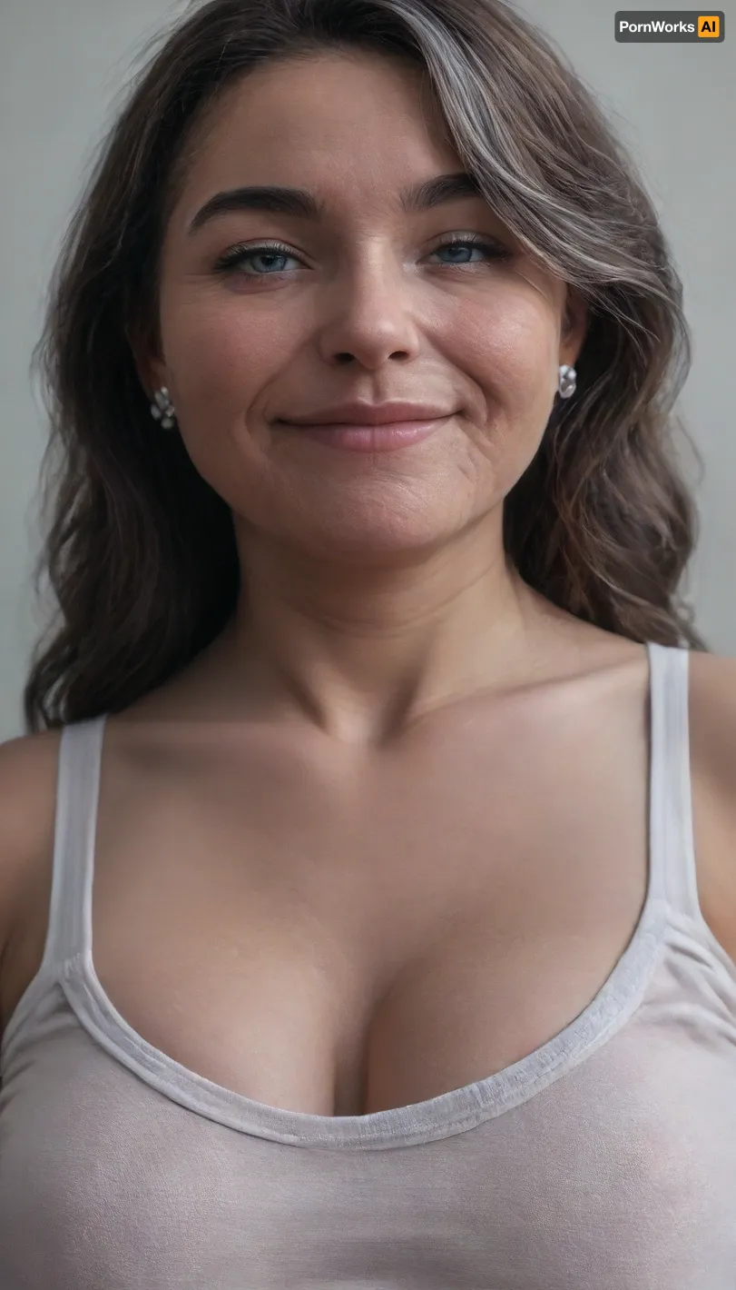 (Brunette ssbbw Gilf:1.4), beautiful 60 year old woman stood in a, (photography studio:1.6), (perfect studio lighting), (obese:1.5), drooping saggy breasts, (smile:1.3), (upper body shot), (detailed skin:1.8), (long brown straight hair with gray highlights:1.3), (big light blue eyes:1.3), (detailed eyes), (chubby face:1.3), wearing a lowcut v-neck white sleeveless T-shirt, braless, Wearing, clothes, that, make, sense, with, Braless>, <lora:bralessSDXL_v1_00022:.5>, <lora:MJ52:.2>