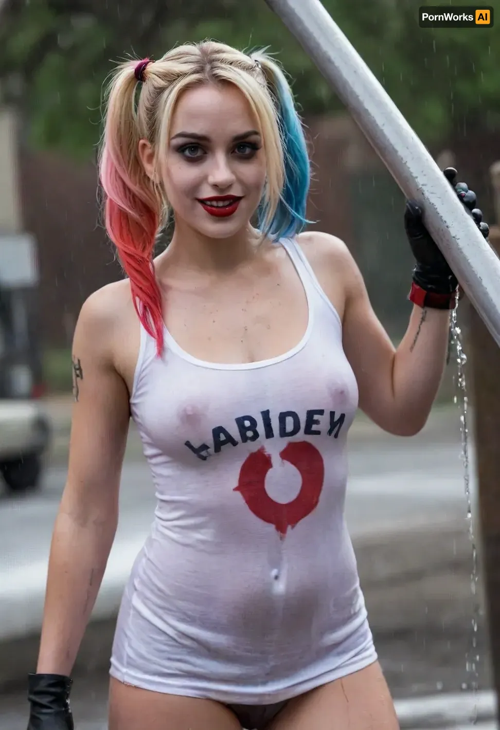 a photo of a Harley Quinn standing under a burst pipe, w3t, wet tshirt, best quality, cinematic, <lora:w3t_SDXL:.9>