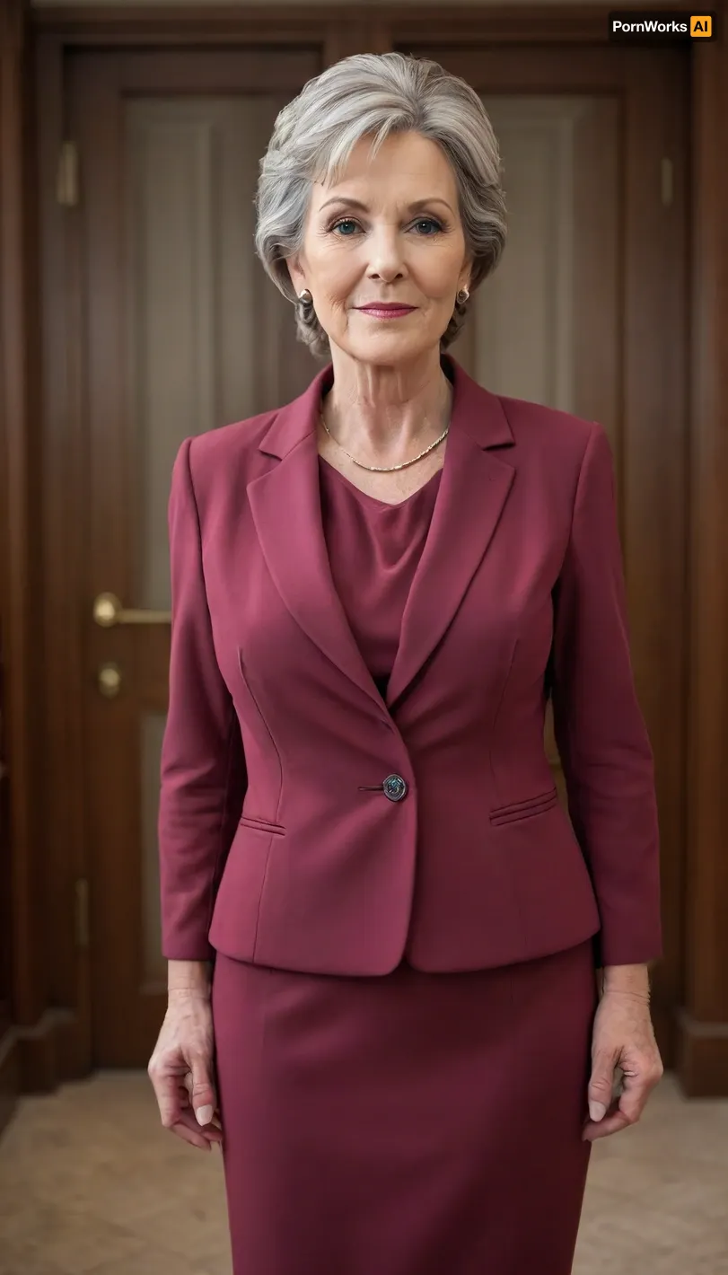(mature:1.7), (gilf:1.5), The image shows a well-dressed, middle-aged woman with a confident yet friendly expression, looking directly at the camera. She is wearing a light burgundy suit — a blazer and matching skirt — with a light-colored top underneath. Her hair is neatly tied back, and her makeup is natural and subtle.

The background appears to be an elegant indoor setting, likely an office or hotel, with plants and wooden doors visible. The overall impression is professional, refined, and sophisticated.