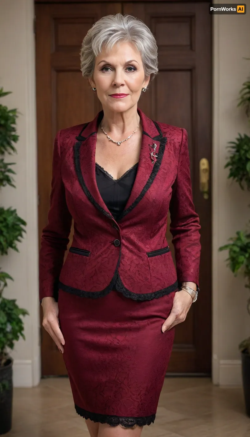 (mature:1.6), (gilf:1.6), The image shows a well-dressed, middle-aged woman with a confident yet friendly expression, looking directly at the camera. She is wearing the most beautiful suit — a blazer and matching short skirt — with a light-colored top underneath. Her hair is neatly tied back, and her makeup is natural and subtle. Black lace stockings. The background appears to be an elegant indoor setting, likely an office or hotel, with plants and wooden doors visible. The overall impression is professional, refined, and sophisticated.