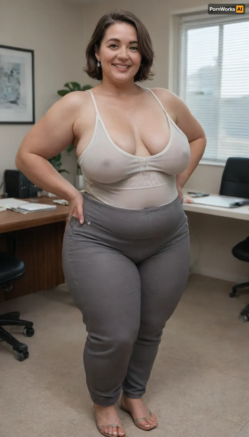 (Brunette ssbbw Gilf:1.4), beautiful 60 year old woman stood in a Dr office, saggy breasts, (smile:1.3), (full body shot), (detailed skin:1.8), (brunette straight hair with gray streaks:1.3), (captivating big light green eyes:1.3), (detailed eyes), (chubby face:1.3), wearing a lowcut v-neck white sleeveless top, highwaist pants, braless, Wearing, clothes, that, make, sense, with, Braless>, <lora:bralessSDXL_v1_00022:.5>