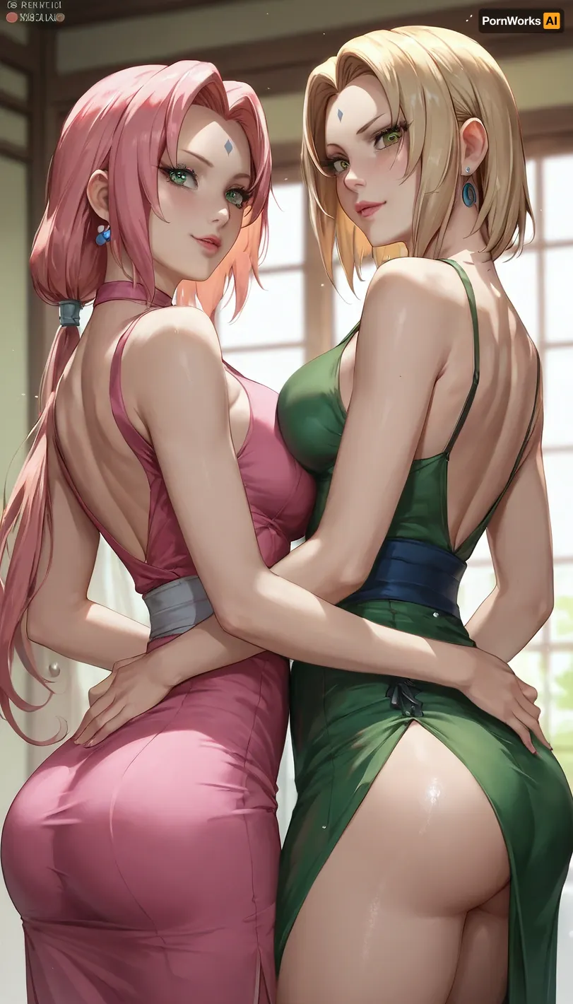 score_9, score_8_up, score_7_up, score_6_up, Naruto characters, (2girls), (Senju Tsunade and Haruno Sakura), (Senju Tsunade, big ass, big boobs, long hair, blond hair, green eyes, green dress), (Haruno Sakura, slim ass, small boobs, short hair, green eyes, pink hair, pink dress), lesbian sex