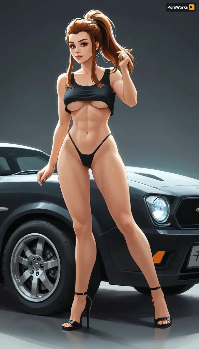 Brigitte from Overwatch, full body, leaning casually against a stylized sports car, GTA 5 loading screen style, illustrated car with cel-shaded outlines and clean shading, bold stylized realism, smooth vector-like shapes, Brigitte in a sexy outfit, (underboob tanktop, thong, and heels), vibrant colors, cinematic composition, pastel gradient background, dramatic lighting, Rockstar Games poster illustration, digital painting, polished, samdoesart, <lora:samdoesart_style_xl_v1:.5>, <lora:Animated_Concept:.5>, <lora:outline_xl_kohaku_delta_spv5x:1.5>, <lora:GTAVstyleDoguXLv2:2>