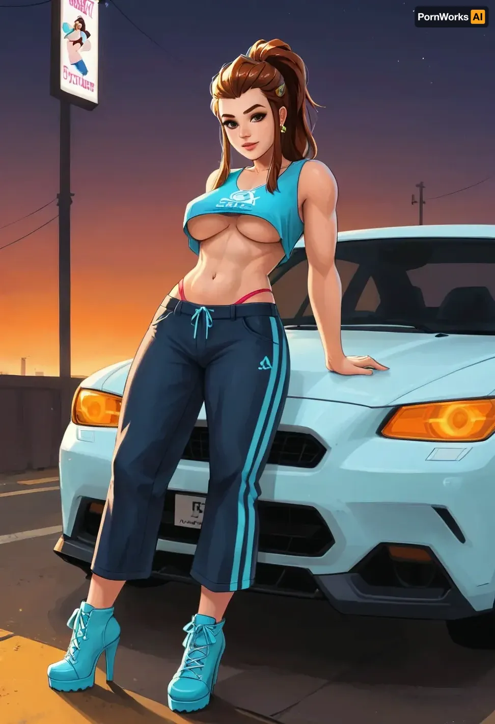 Brigitte from Overwatch, full body, leaning casually against a stylized sports car, GTA 5 loading screen style, illustrated car with cel-shaded outlines and clean shading, bold stylized realism, smooth vector-like shapes, Brigitte in a sexy outfit, (underboob tanktop, thong, and heels), vibrant colors, cinematic composition, pastel gradient background, gas station in background, dramatic lighting, Rockstar Games poster illustration, digital painting, polished, samdoesart, <lora:samdoesart_style_xl_v1:.5>, <lora:Animated_Concept:.5>, <lora:outline_xl_kohaku_delta_spv5x:1.5>, <lora:GTAVstyleDoguXLv2:2>