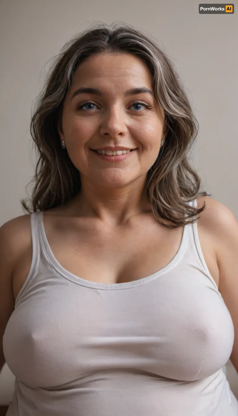(Brunette ssbbw Gilf:1.4), beautiful 60 year old woman stood in a, (photography studio:1.6), (perfect studio lighting), (obese:1.5), large drooping saggy breasts, (smile:1.3), (upper body shot), (detailed skin:1.8), (long brown straight hair with gray highlights:1.3), (big light blue eyes:1.3), (detailed eyes), (chubby face:1.3), wearing a lowcut v-neck white sleeveless T-shirt, braless, Wearing, clothes, that, make, sense, with, Braless>, <lora:bralessSDXL_v1_00022:.5>, <lora:MJ52:.2>