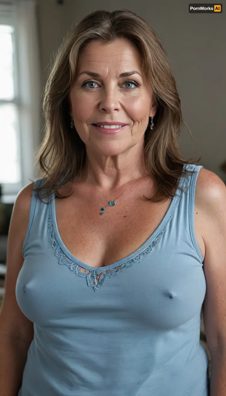 (Brunette ssbbw Gilf:1.4), beautiful 60 year old woman stood in a, photography studio, (obese:1.5), large drooping saggy breasts, (smile:1.3), (upper body shot), (detailed skin:1.8), (long brown straight hair with gray streaks:1.3), (big light blue eyes:1.3), (detailed eyes), (chubby face:1.3), wearing a lowcut v-neck white sleeveless T-shirt, braless, Wearing, clothes, that, make, sense, with, Braless>, <lora:bralessSDXL_v1_00022:.5>, <lora:MJ52:.2>