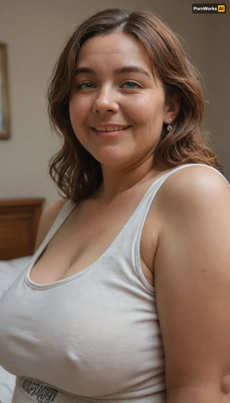 (Brunette ssbbw Gilf:1.4), beautiful 60 year old woman stood in a bedroom, (obese:1.5), large drooping saggy breasts, (smile:1.3), (upper body shot), (detailed skin:1.8), (auburn straight hair with gray streaks:1.3), (captivating big light green eyes:1.3), (detailed eyes), (chubby face:1.3), wearing a lowcut v-neck white sleeveless T-shirt, braless, Wearing, clothes, that, make, sense, with, Braless>, <lora:bralessSDXL_v1_00022:.4>, <lora:MJ52:.5>
