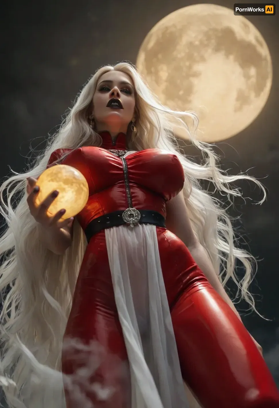 score_9_up, score_8_up, score_7_up, tall slender woman, lady death, hourglass figure, black lipstick, mouth slightly opened, teeth, (holding a glowing ball), eyesshadow, long eyelash, mini waist, massive hip, giant sagging breasts, extremely pale skin, (platinum long flowing hair:1.3), flowing_transparent_red_bodysuit, glowing waist belt, wind, flouting in the air, night, flying bat see through the moon, (extreme full yellow moon:1.6), low angle shot, <lora:style_lora_realis:.8>