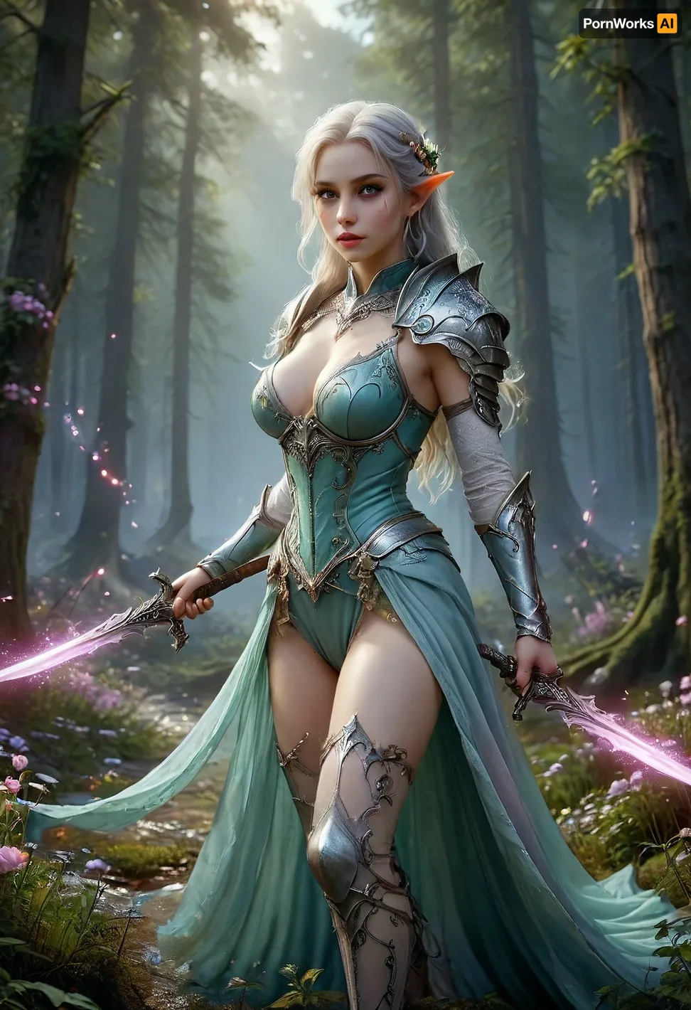 Beautiful female elf warlock, servant of an Archfey patron, regal and otherworldly. Tall and elegant with a slim but powerful build, flawless pale skin with a faint shimmer, sharp angular elven features, long flowing silver hair, and piercing emerald eyes glowing faintly with fey magic, large bimbo breasts. Wearing enchanted ornate plate armor with flowing natural motifs, leaves, vines, and silver filigree, glowing with faint green and violet arcane light. Green lace stockings. A cloak of deep twilight blue billows behind her. Wielding a glaive with an ethereal crystalline blade that hums with fey power, runes glowing along the shaft. Standing in a moonlit forest clearing where flowers bloom at her feet, glowing will-o’-wisps and faint arcs of faerie fire floating in the air. Ultra-realistic high fantasy art, highly detailed, cinematic magical lighting, atmosphere of beauty, danger, and fey majesty., raw, lighting, overexposed, harsh, flash, downblouse, nipslip, Curved, Sword, Slash, <lora:MJ52:.5>, <lora:Rawfully Stylish v0.2_epoch_20:.8>, <lora:RealDownblouseXL2:.1>, <lora:XL_Weapon_Curved_Sword_Slash__-_By_HailoKnight:.8>