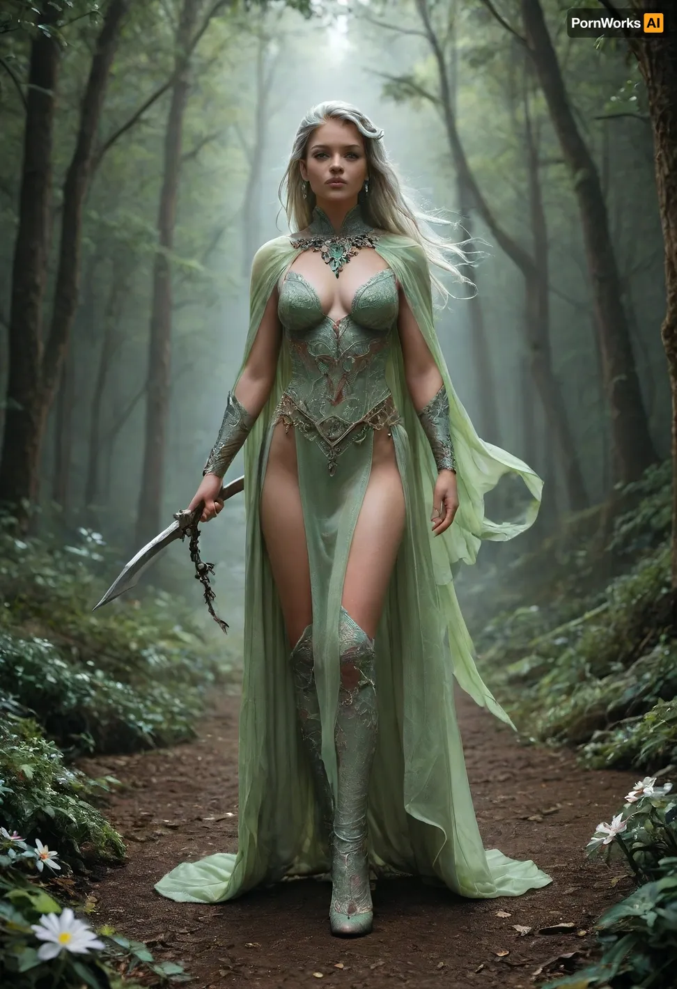 Beautiful female elf warlock, servant of an Archfey patron, regal and otherworldly. Tall and elegant with a slim but powerful build, flawless pale skin with a faint shimmer, sharp angular elven features, long flowing silver hair, and piercing emerald eyes glowing faintly with fey magic, large bimbo breasts. Wearing enchanted ornate plate armor with flowing natural motifs, leaves, vines, and silver filigree, glowing with faint green and violet arcane light. Green lace stockings. A cloak of deep twilight blue billows behind her. Wielding a glaive with an ethereal crystalline blade that hums with fey power, runes glowing along the shaft. Standing in a moonlit forest clearing where flowers bloom at her feet, glowing will-o’-wisps and faint arcs of faerie fire floating in the air. Ultra-realistic high fantasy art, highly detailed, cinematic magical lighting, atmosphere of beauty, danger, and fey majesty., raw, lighting, overexposed, harsh, flash, <lora:MJ52:.5>, <lora:Rawfully Stylish v0.2_epoch_20:.8>