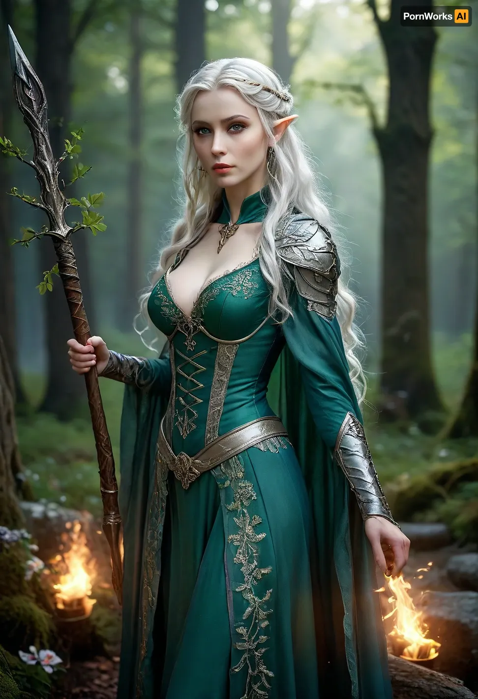 Beautiful female elf warlock, servant of an Archfey patron, regal and otherworldly. Tall and elegant with a slim but powerful build, flawless pale skin with a faint shimmer, sharp angular elven features, long flowing silver hair, and piercing emerald eyes glowing faintly with fey magic, large bimbo breasts. Wearing enchanted ornate plate armor with flowing natural motifs, leaves, vines, and silver filigree, glowing with faint green and violet arcane light. Green lace stockings. A cloak of deep twilight blue billows behind her. Wielding a glaive with an ethereal crystalline blade that hums with fey power, runes glowing along the shaft. Standing in a moonlit forest clearing where flowers bloom at her feet, glowing will-o’-wisps and faint arcs of faerie fire floating in the air. Ultra-realistic high fantasy art, highly detailed, cinematic magical lighting, atmosphere of beauty, danger, and fey majesty., raw, lighting, overexposed, harsh, flash, <lora:MJ52:.5>, <lora:Rawfully Stylish v0.2_epoch_20:.8>