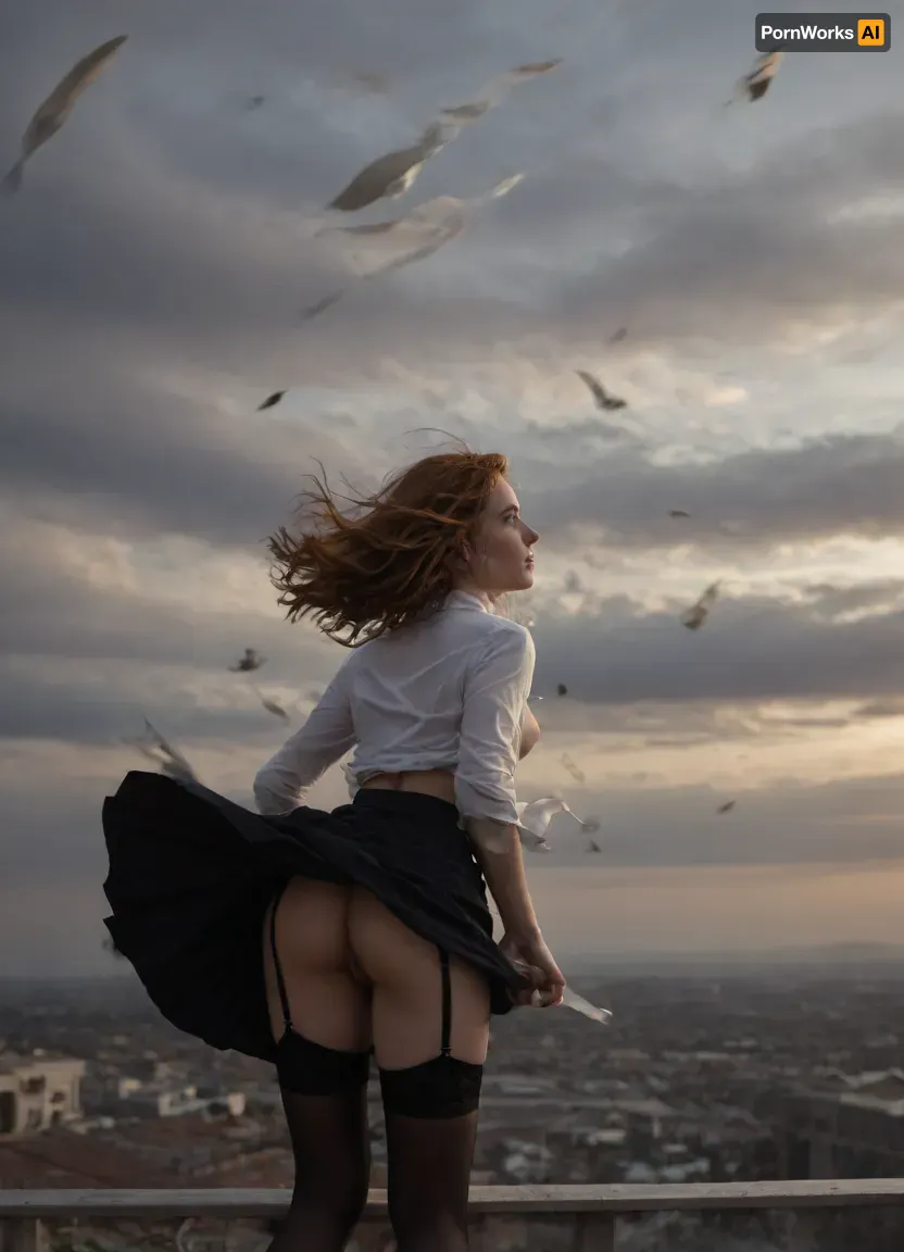 On roof, professional photography, high quality, artistic, soft, romantic atmosphere, beautiful thin ginger hair woman secretary, watching at us, show nipples, unbuttoned white shirt, garter belt, stockings, back view 3/4, (((windyskirtlift))), tug, (((wind, lift, tug))), ((windyupskirt)), (((strong wind))), skirtlift, undressing, (((wind lifting skirt))), hairy pussy, ((Wind)), raw, lighting, overexposed, harsh, flash, <lora:Rawfully Stylish v0.2_epoch_20:.8>, <lora:dark:.8>