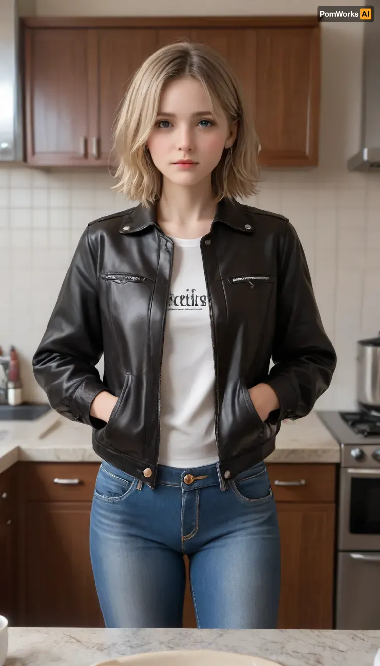 a photo of a gorgeous S042_PaytonPreslee, in the, (kitchen:1.2), wearing a, (leather-jacket:1.2), and jeans, (8k, RAW photo, best quality, ultra high res, photorealistic, masterpiece, ultra-detailed, Unreal Engine)