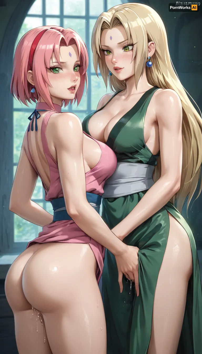 Naruto characters, (2girls), (Senju Tsunade and Haruno Sakura), (Senju Tsunade, big ass, big boobs, long hair, blond hair, green eyes, green dress), (Haruno Sakura, slim ass, small boobs, short hair, green eyes, pink hair, pink dress), lesbian sex, masturbate, pussy, pussy juice, (medium), Inuyasha style, lum, <lora:Takahashi Rumiko_XL:2>