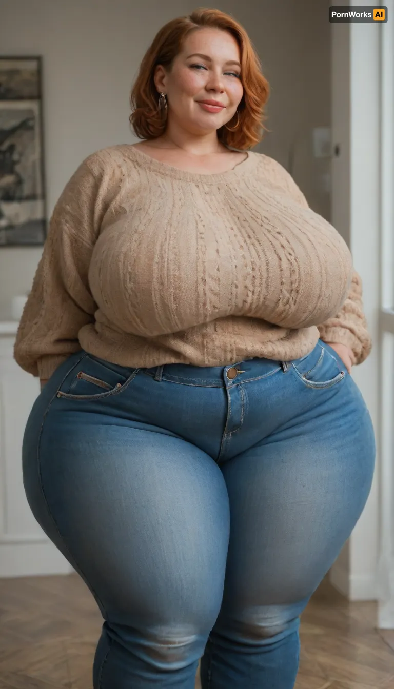 (Mature:1.5), 65 years old, (oversized ssbbw:1.5), ., (Oversized thick thighs and oversized wide hips:1.5), . Oversized wide sweater. Natural ginger hair, straight hair. Freckles, wrinkles on face. Busty lips, lipstick. Tight highwaist jeans. Big earrings. Seductive posing. Seductive smile., (Chubby face:1.5), captivating green eyes