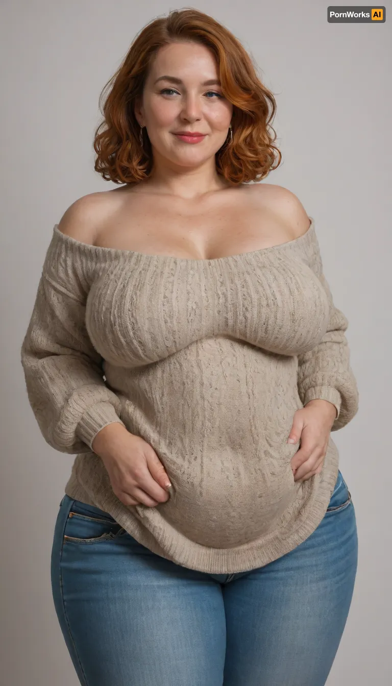 (Mature:1.5), 65 years old, (oversized ssbbw:1.2), ., (Oversized thick thighs and oversized wide hips:1.2), . Oversized wide sweater. Natural ginger hair, straight hair. Freckles, wrinkles on face. Busty lips, lipstick. Tight highwaist jeans. Big earrings. Seductive posing. Seductive smile., (Chubby face:1.5), captivating green eyes