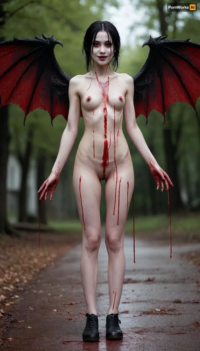 1girl, solo, full body, Asian, cute, tall, perfect eyes, standing up tall, blood on the ground, blood on body, horror theme, smile, blood on hair, nude, dripping, a lot of blood on the body, dragon wings, goth mime with white face.