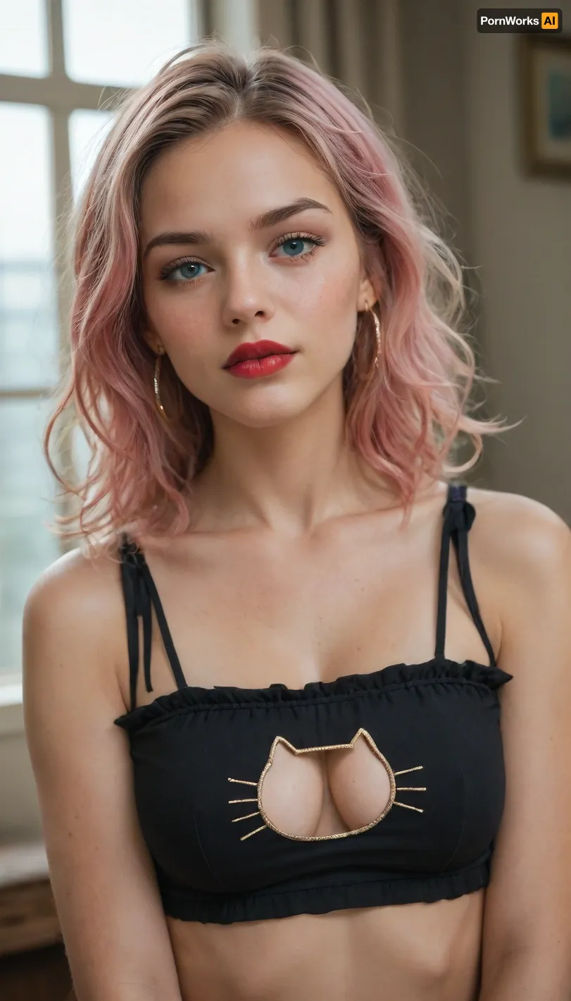 ((Masterpiece, best quality)), edgQuality, cat cutout, cleavage cutout, edgcatlingerie, a woman with long pink hair, wearing edgcatlingerie, red lipstick, large gold hoop earrings, medium breasts, <lora:edgcatlingerie1:1>