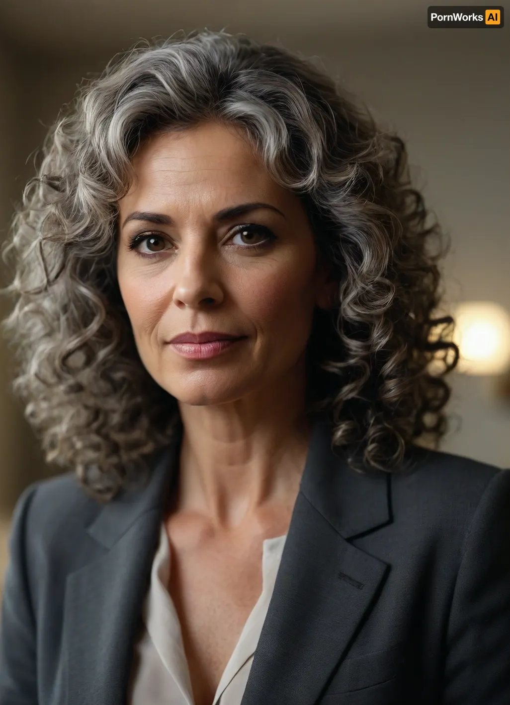 business woman 50-years old, salt-and-pepper hair, medium hair, curly hair, lit room