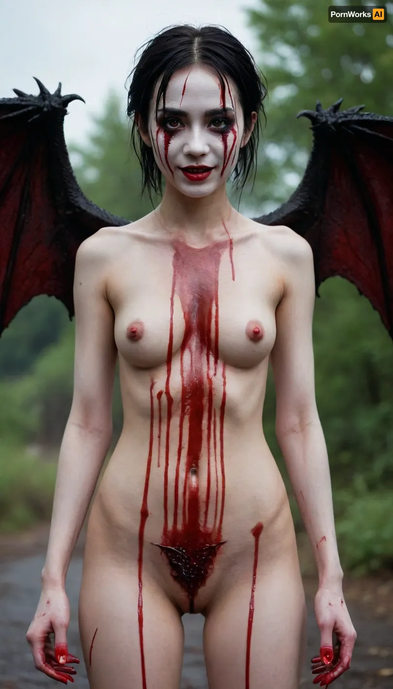 1girl, solo, full body, Asian, cute, tall, perfect eyes, standing up tall, blood on the ground, blood on body, horror theme, smile, blood on hair, nude, dripping, a lot of blood on the body, dragon wings, goth mime with white face.