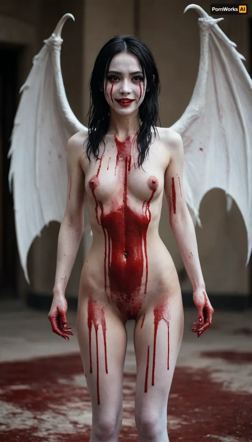 1girl, solo, full body, Asian, cute, tall, perfect eyes, standing up tall, blood on the ground, blood on body, horror theme, smile, blood on hair, nude, dripping, a lot of blood on the body, dragon wings, goth mime with white face.