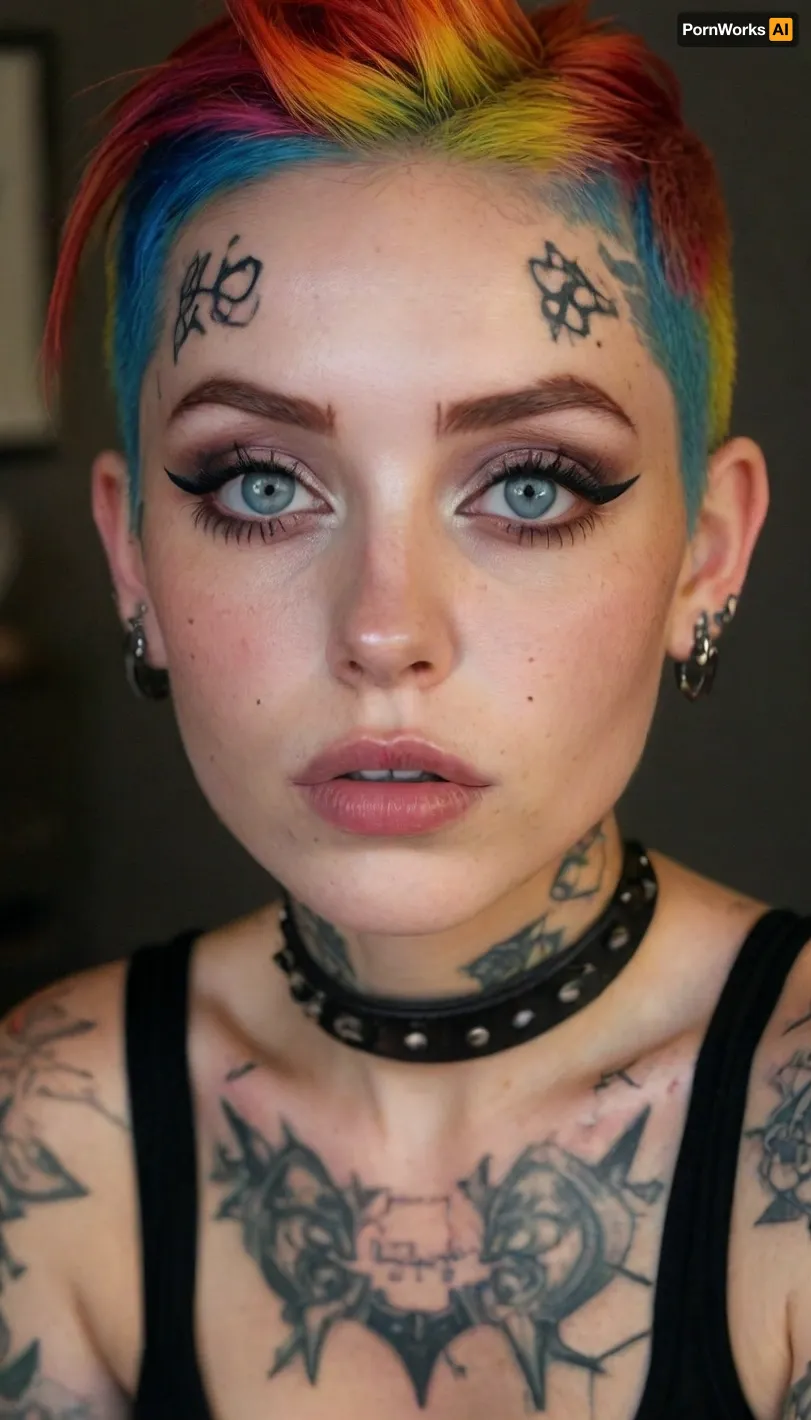 ziprealism, (punk, punk rock, punk rock woman, spiked choker, guaged ear piercing:1.6), (confident pose, (smug), , , large expressive eyes, angular facial features:1.6), (tattoos, punk esthetic makeup, small perky breasts:1.8), (warm romantic lighting, shallow depth of field, strong saturation, vintage analog lens, Dutch Angle, focus on lips:1.4), (goosebumps, vellus hairs, freckles, perfect eyes:.4), (rude hairstyle, multicolored hair, undercut hair:1.2), (natural skin texture, maximum quality skin texture, RAW photography, uncompressed), (cozy bedroom, large comfortable bed), igbaddie, <lora:style_lora_realis:.8>, <lora:igbaddie-XL:.4>
