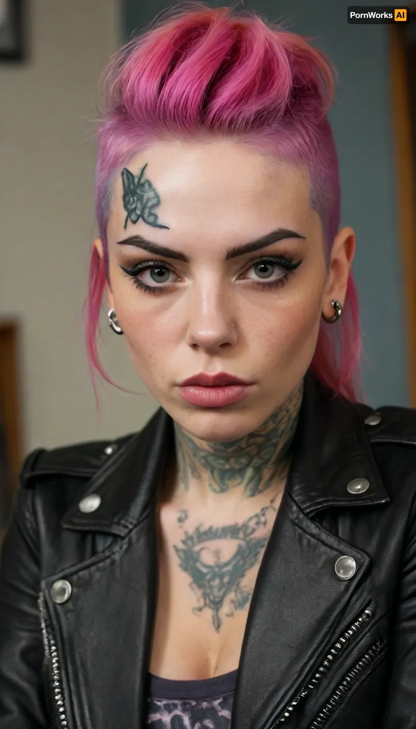 ziprealism, (punk, punk rock, punk rock woman, piercings, black leather jacket:1.6), (confident pose, large expressive eyes, angular facial features:1.2), ((smug), , , tattoos, punk esthetic makeup, sharp eyebrows:1.8), (warm romantic lighting, shallow depth of field, strong saturation, vintage analog lens, Dutch Angle, focus on lips:1.4), (goosebumps, vellus hairs, freckles, perfect eyes:.4), (rude hairstyle, multicolored hair, vivid hair, undercut hair:1.2), (natural skin texture, maximum quality skin texture, RAW photography, uncompressed), (cozy bedroom, large comfortable bed), igbaddie, <lora:style_lora_realis:.8>, <lora:igbaddie-XL:.4>
