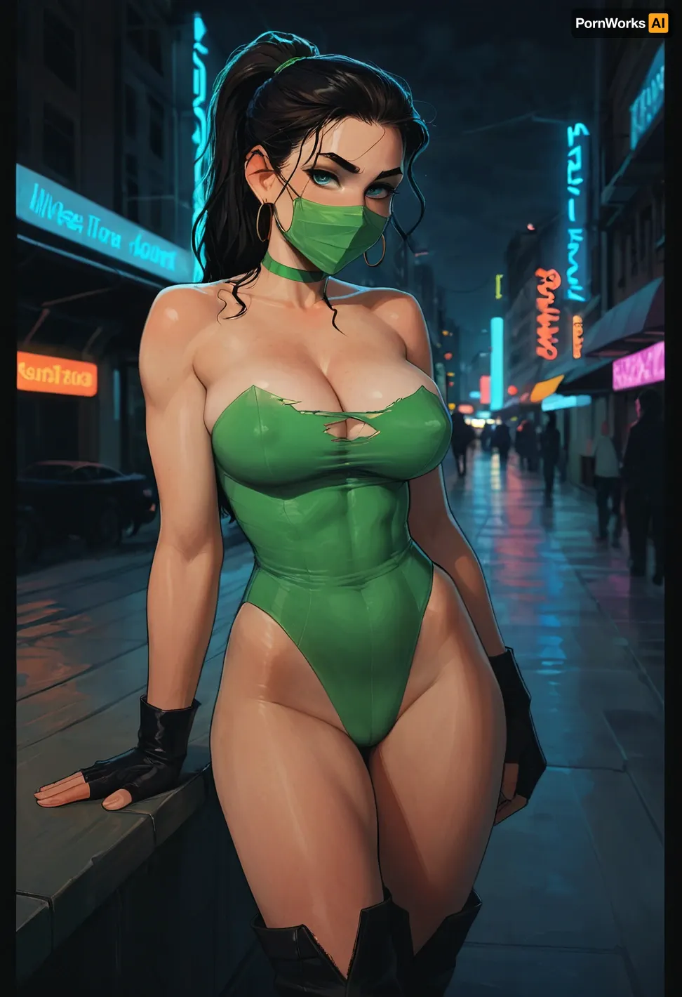 A dynamic full-body illustration of “The Green Shadow”, a female superhero, athletic and slender yet busty, with black hair in a high ponytail and loose strands, blue eyes, wearing a torn and ripped strapless dark-green leotard, dark-green long gloves and dark-green boots, dark-green face mask covering her lower face from the nose down, large breasts, erect nipples, cleavage, (broken clothes), drawn in a bold comic book style with dramatic shadows, dynamic pose, vibrant colors, thick inking lines, speed lines in the background, urban night setting with neon lights, high detail, incase, style, samdoesart, <lora:287175_training_data:1.5>, <lora:samdoesart_style_xl_v1:.5>, <lora:Animated_Concept:.5>, <lora:outline_xl_kohaku_delta_spv5x:.7>